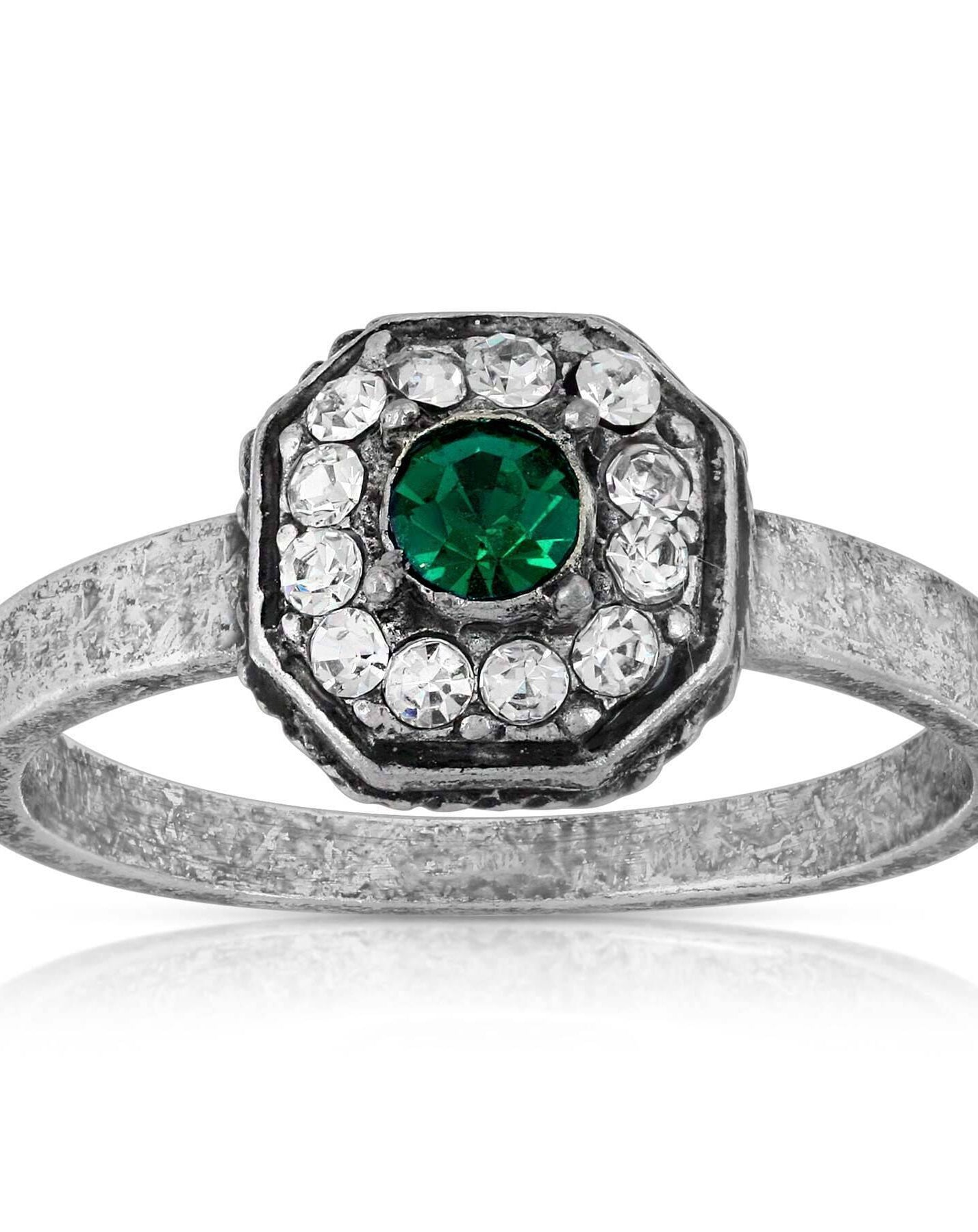 1928 Jewelry Pewter With Green And Clear Crystals Octagon Shaped Ring Size 7