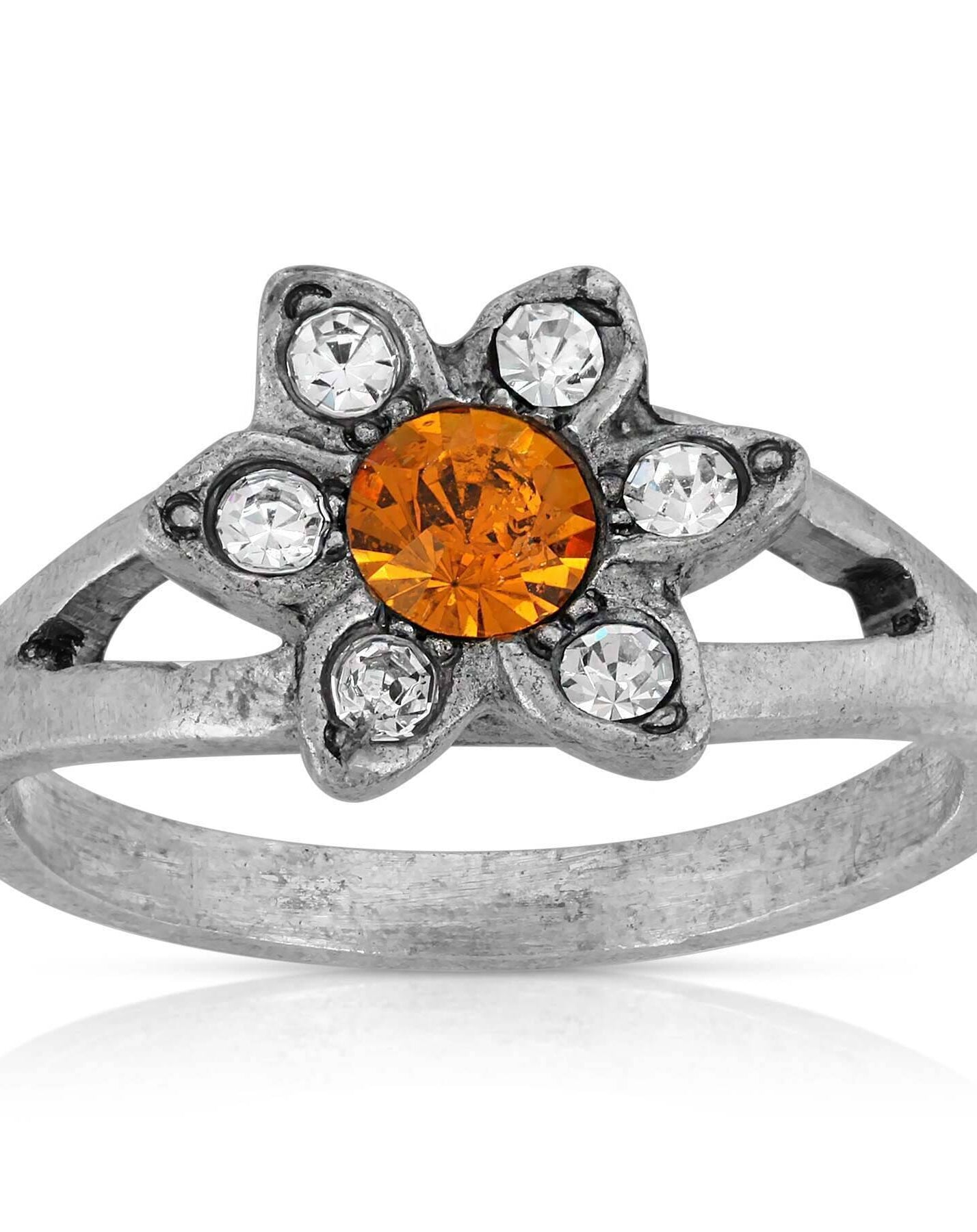 1928 Jewelry Pewter Yellow And Clear Crystal Floral Ring Size 7