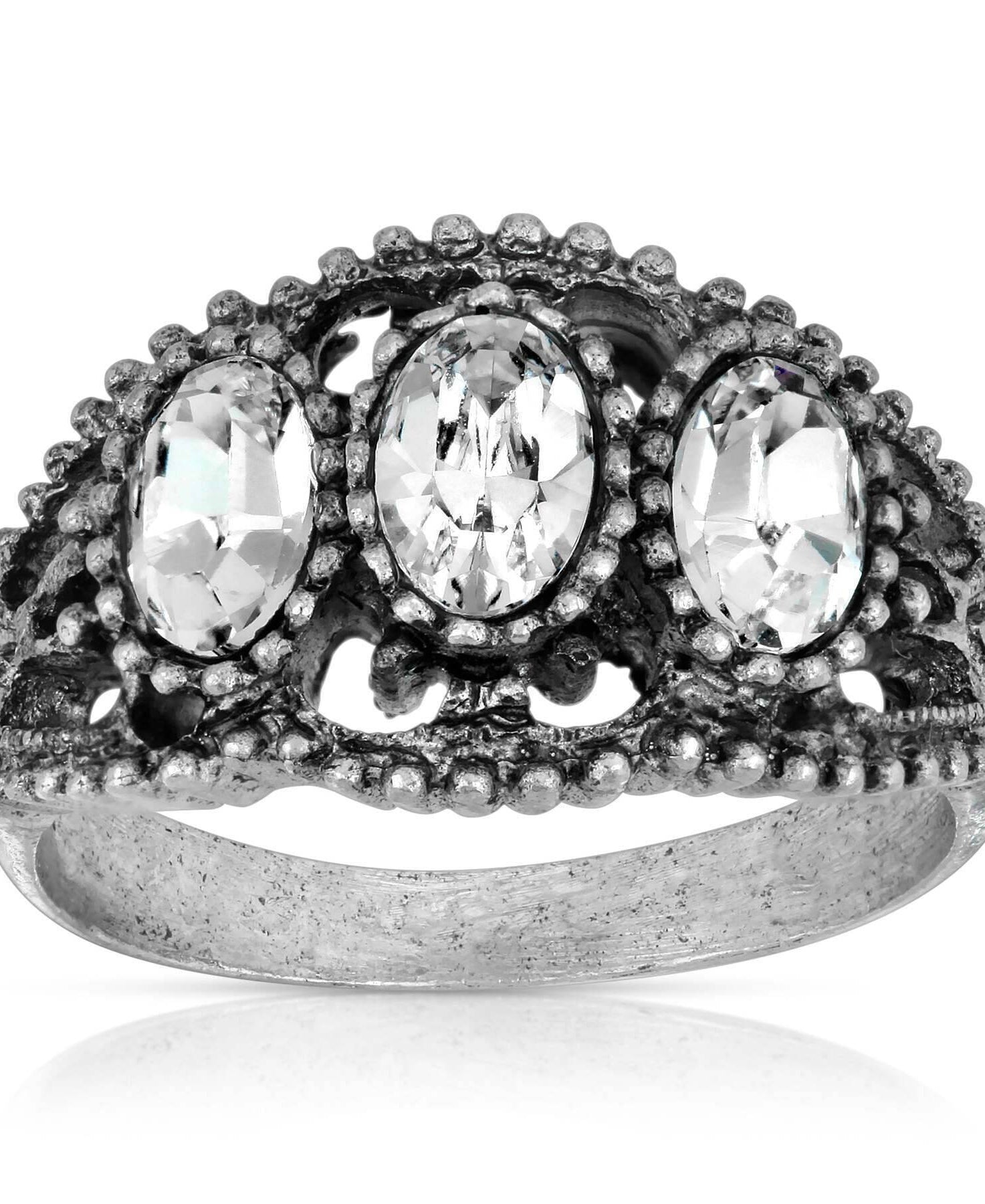 1928 Jewelry Pewter Triple Clear Crystal Oval Ring Size 7
