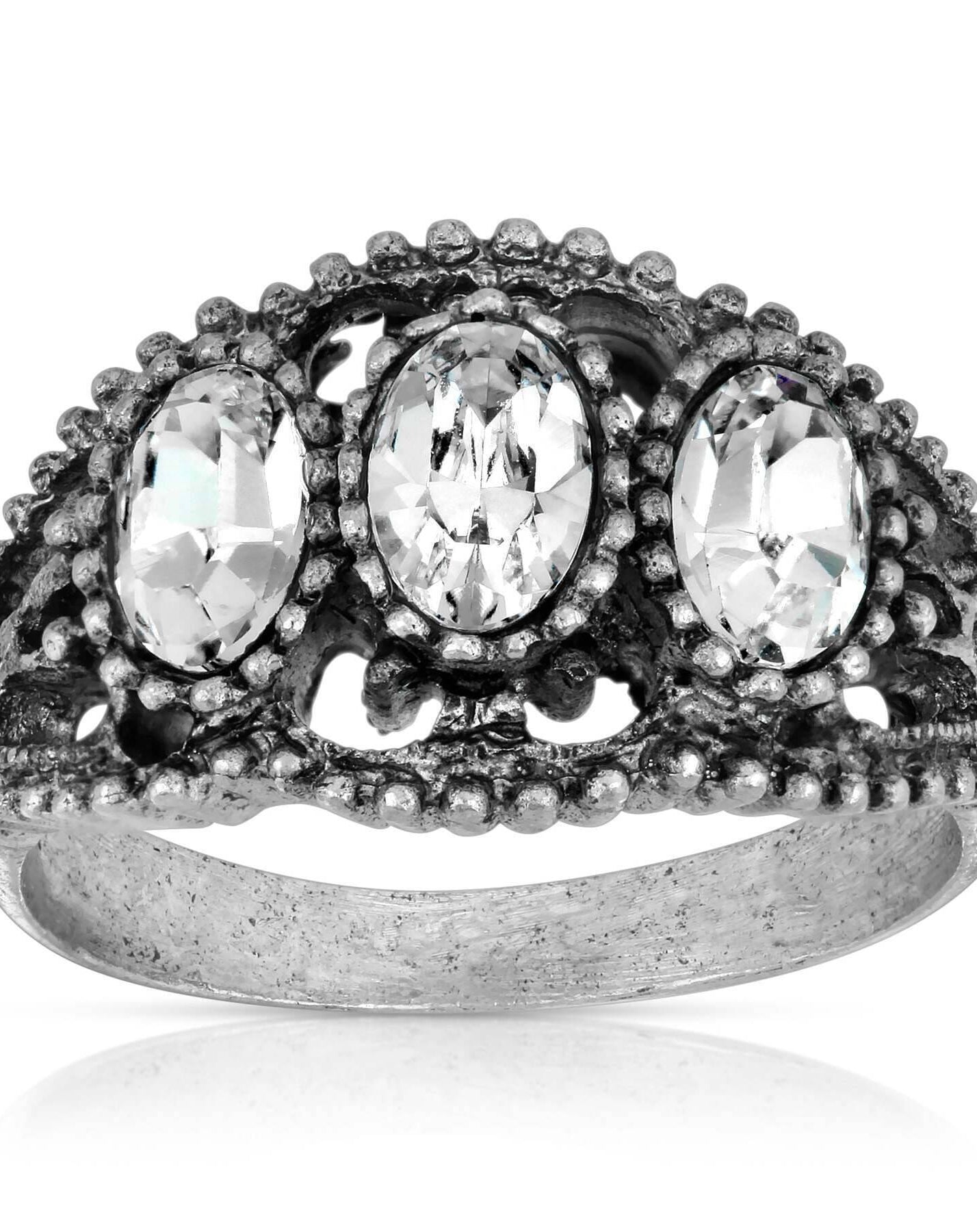 1928 Jewelry Pewter Triple Clear Crystal Oval Ring Size 7