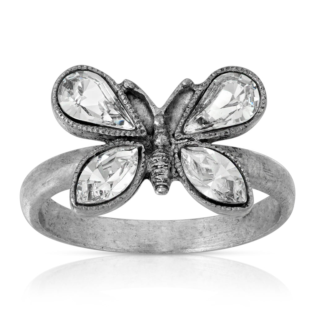 Pewter Crystal Butterfly Ring Size 7