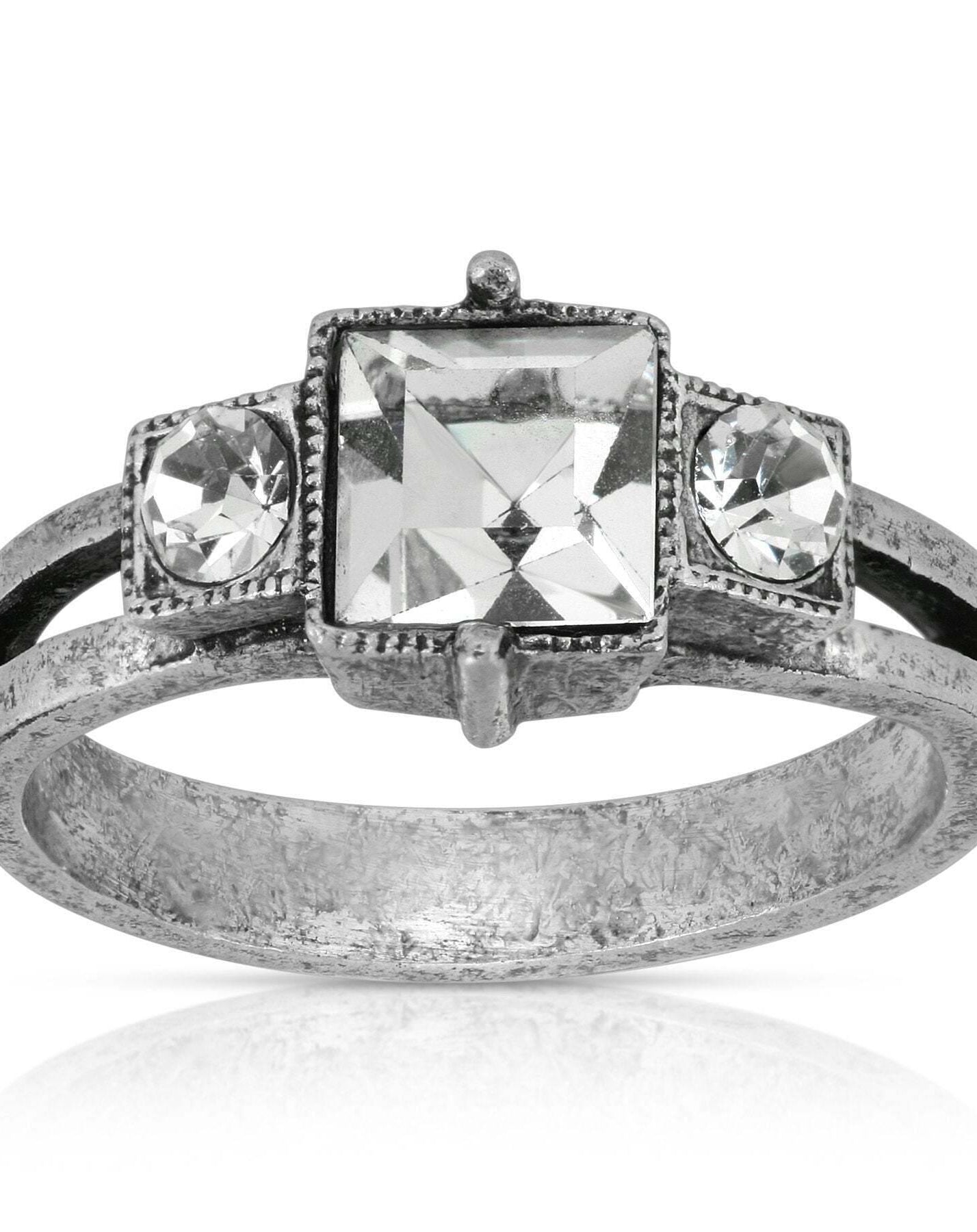 1928 Jewelry Pewter Antique Style Square Crystal Ring Size 7