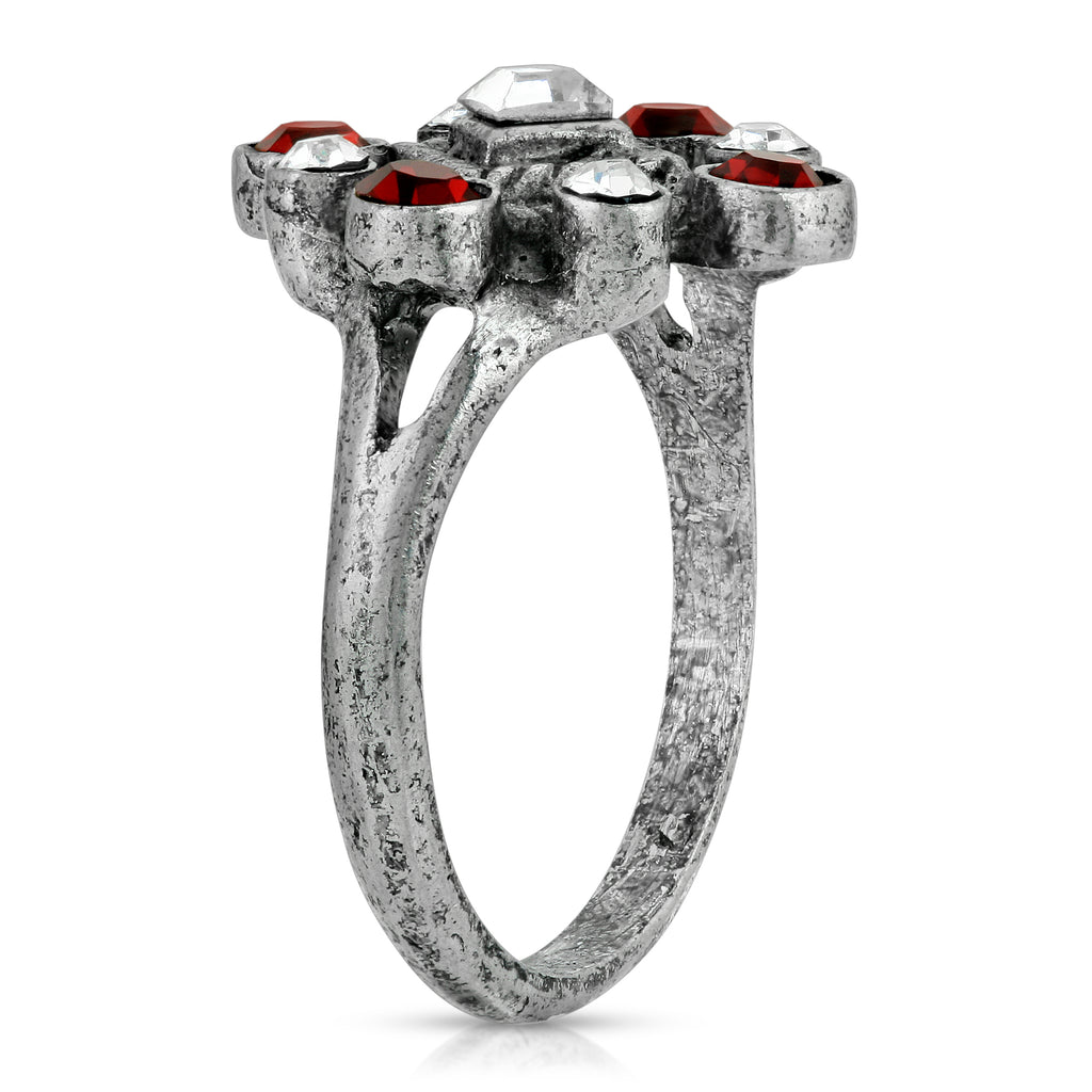 Side Profile Pewter Red & Crystal Diamond Shaped Ring Size 7