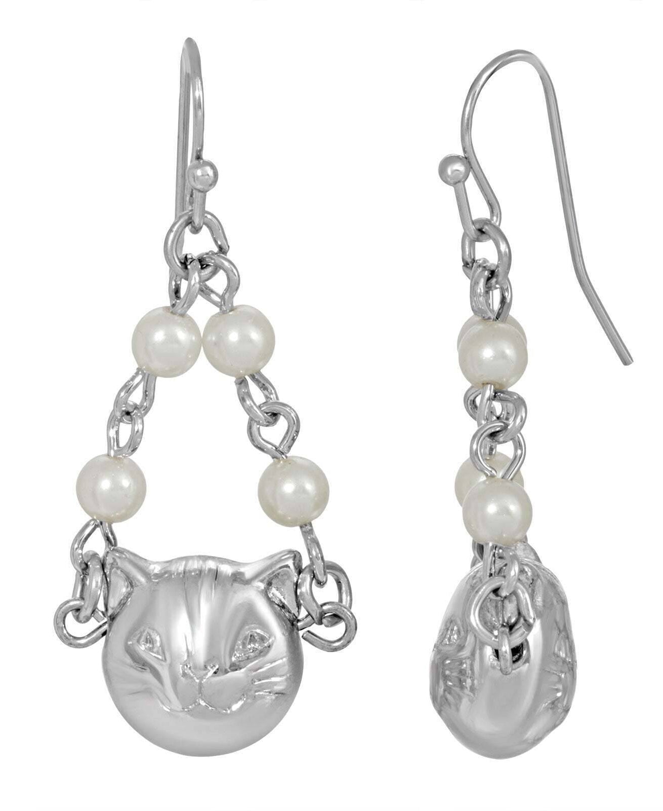 1928 Jewelry White Faux Pearl Cat Drop Earrings