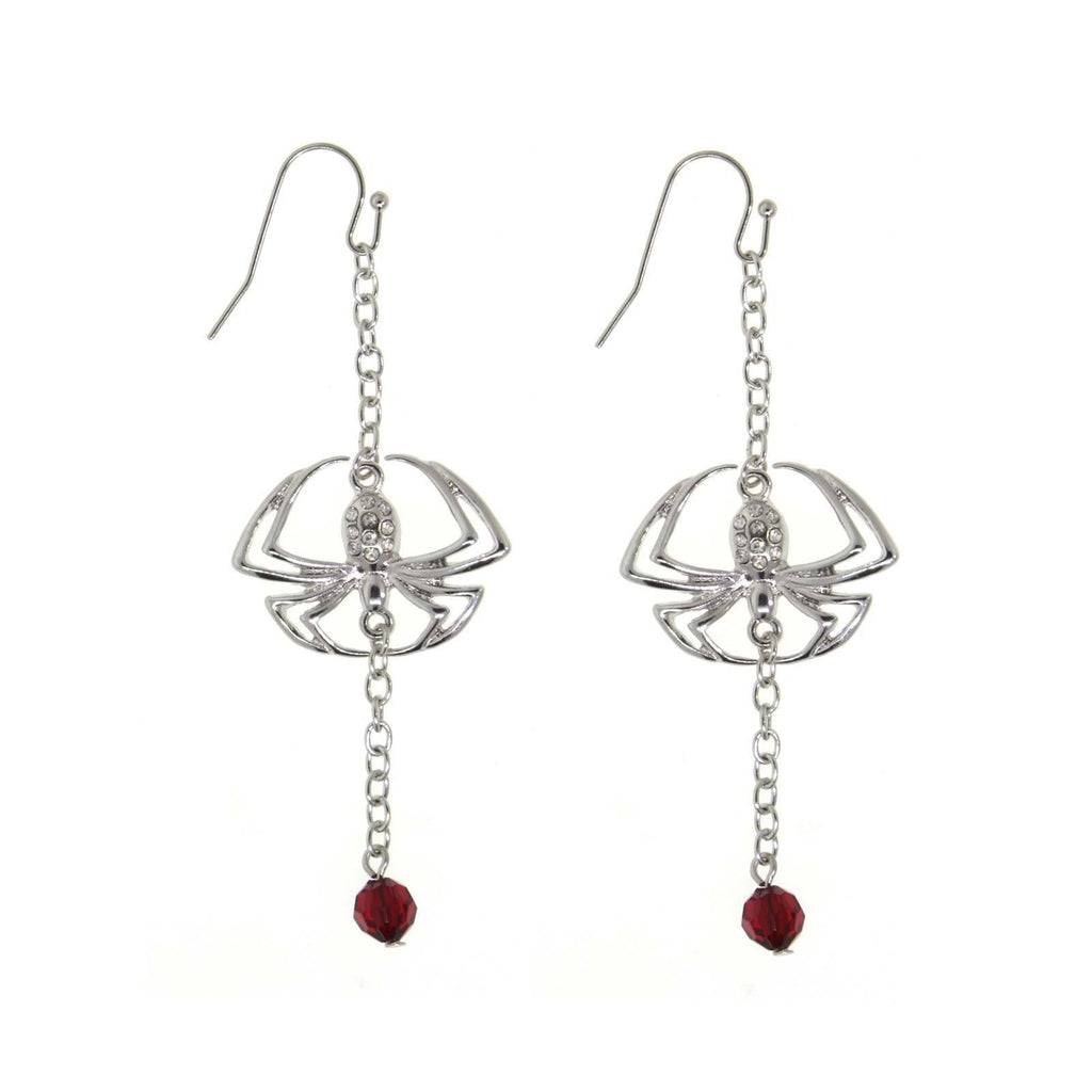 Silver Tone Spider On A Chain Red Bead Drop Wire Earring
