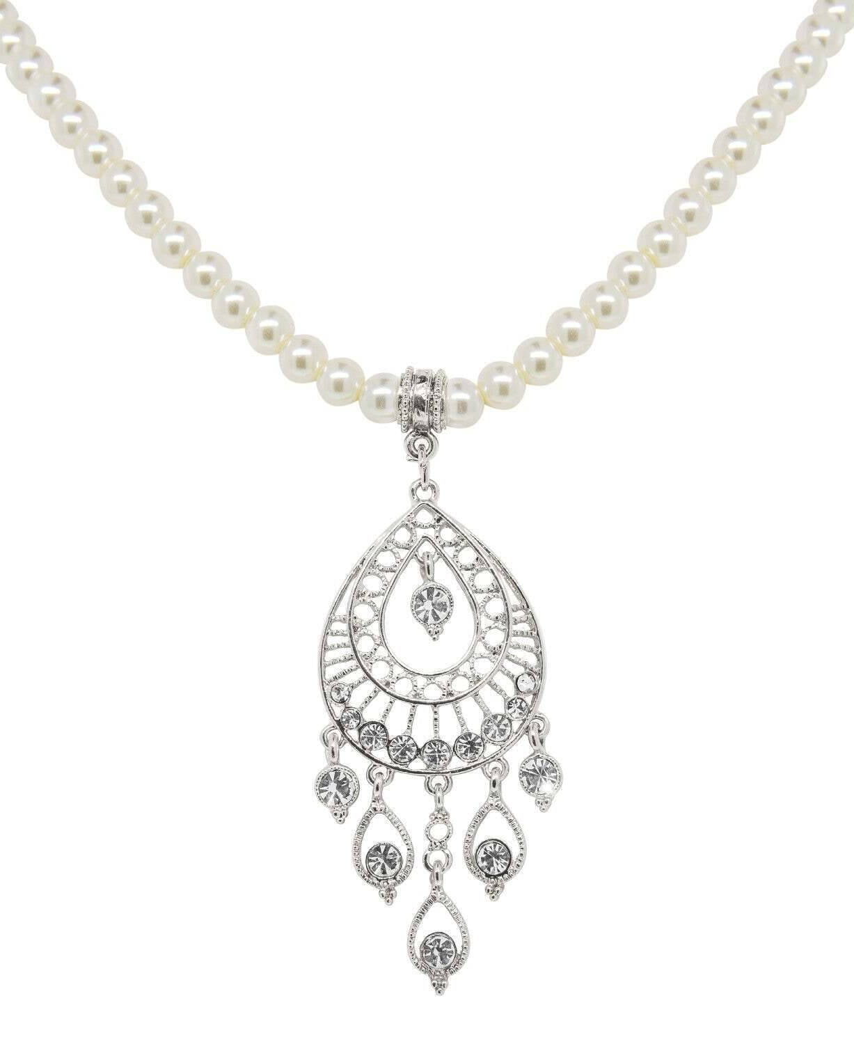 1928 Bridal Crystal Filigree Drop On 6mm Faux Pearl Strand Pendant Necklace 15"