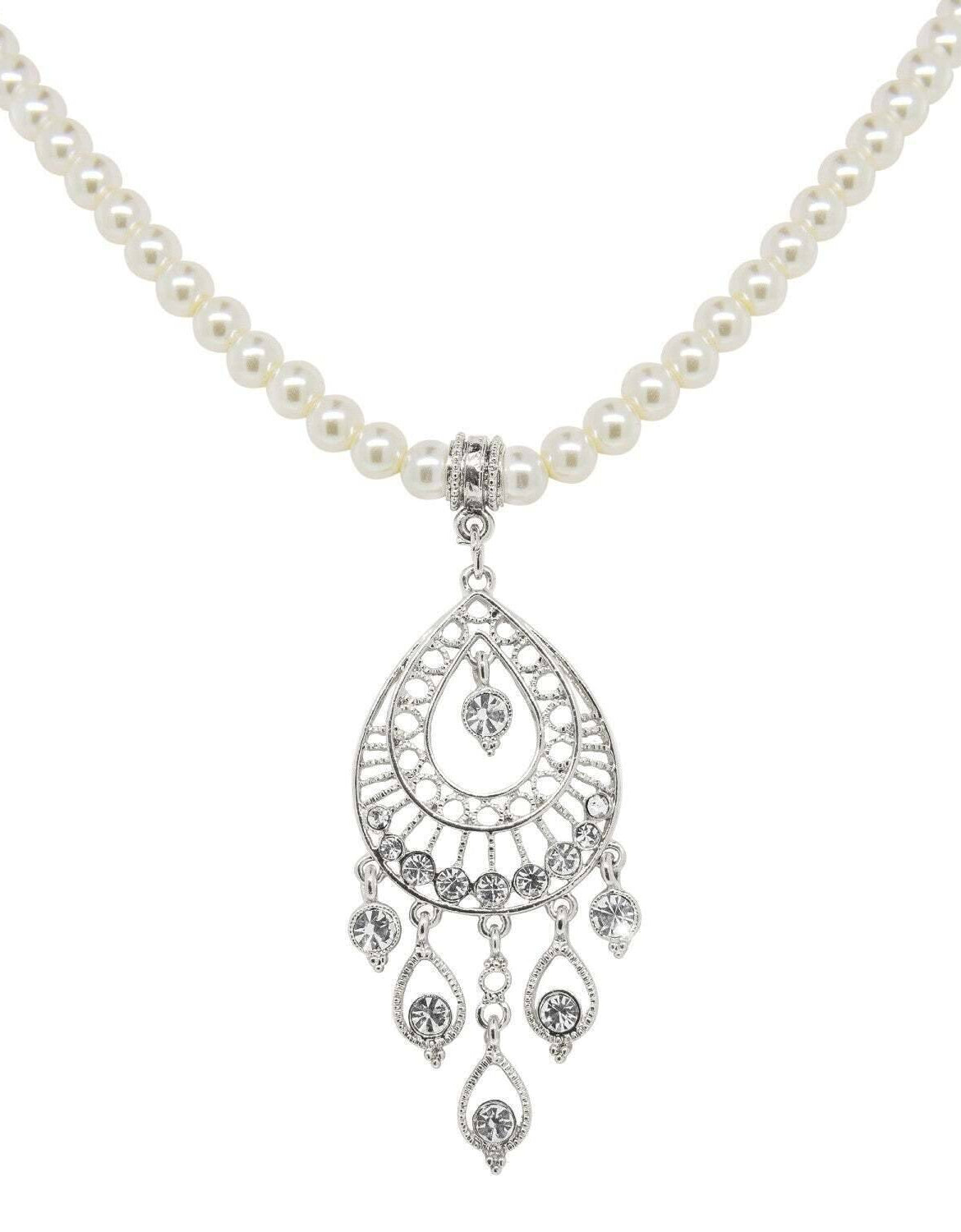 1928 Bridal Crystal Filigree Drop On 6mm Faux Pearl Strand Pendant Necklace 15"