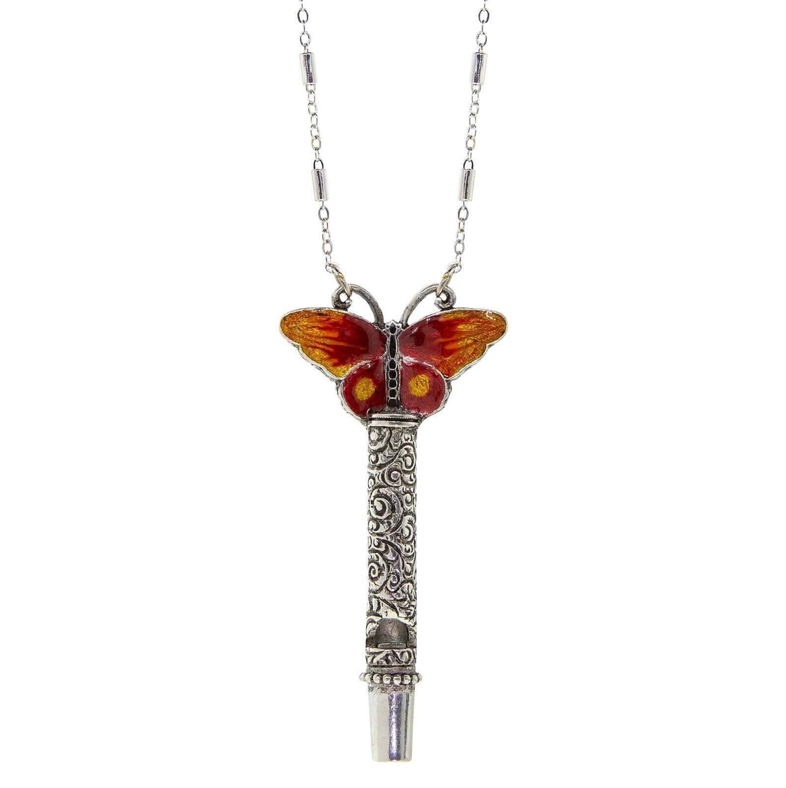 1928 Jewelry Multicolor Enamel Butterfly Etched Filigree Whistle Necklace 30"