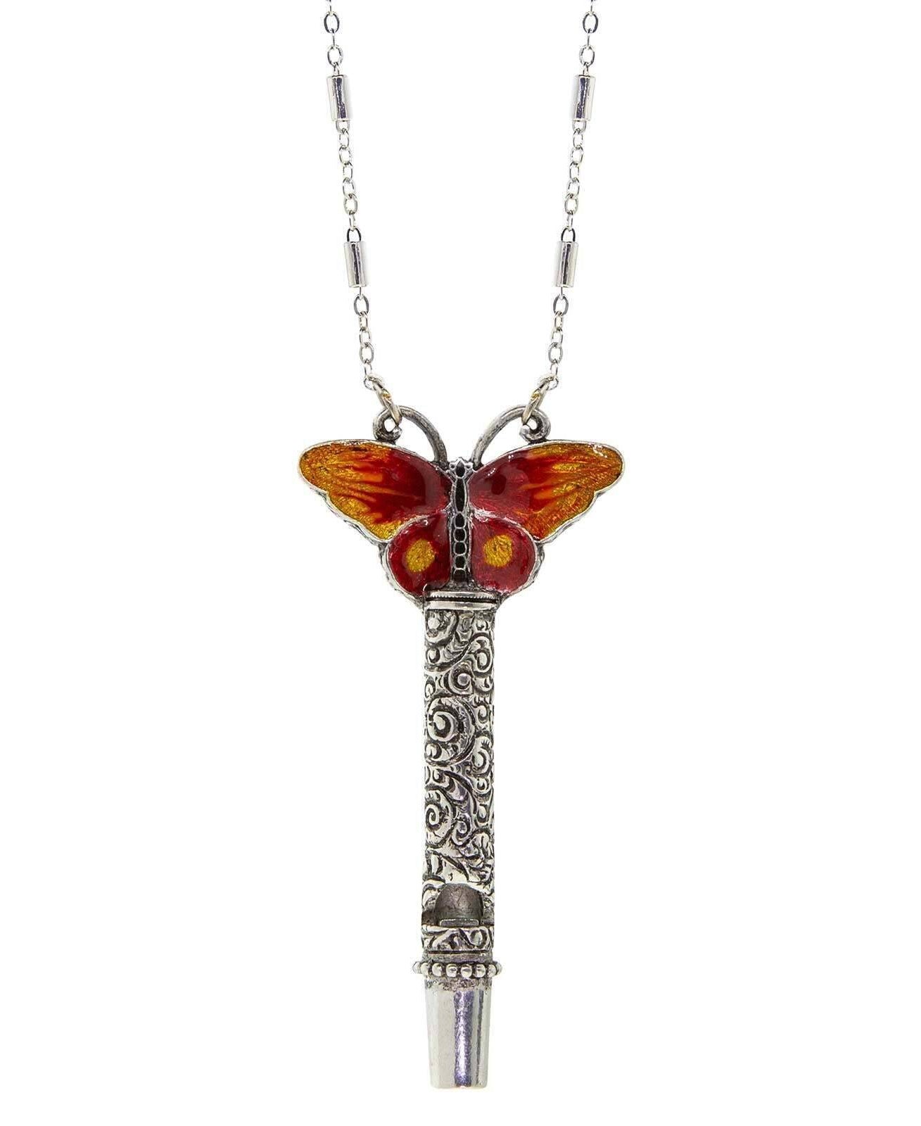 1928 Jewelry Multicolor Enamel Butterfly Etched Filigree Whistle Necklace 30"