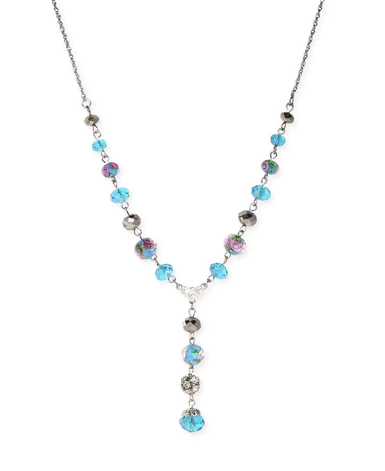 1928 Jewelry Pink Flower Bead Crystal Y-Necklace 16" + 3" Extender