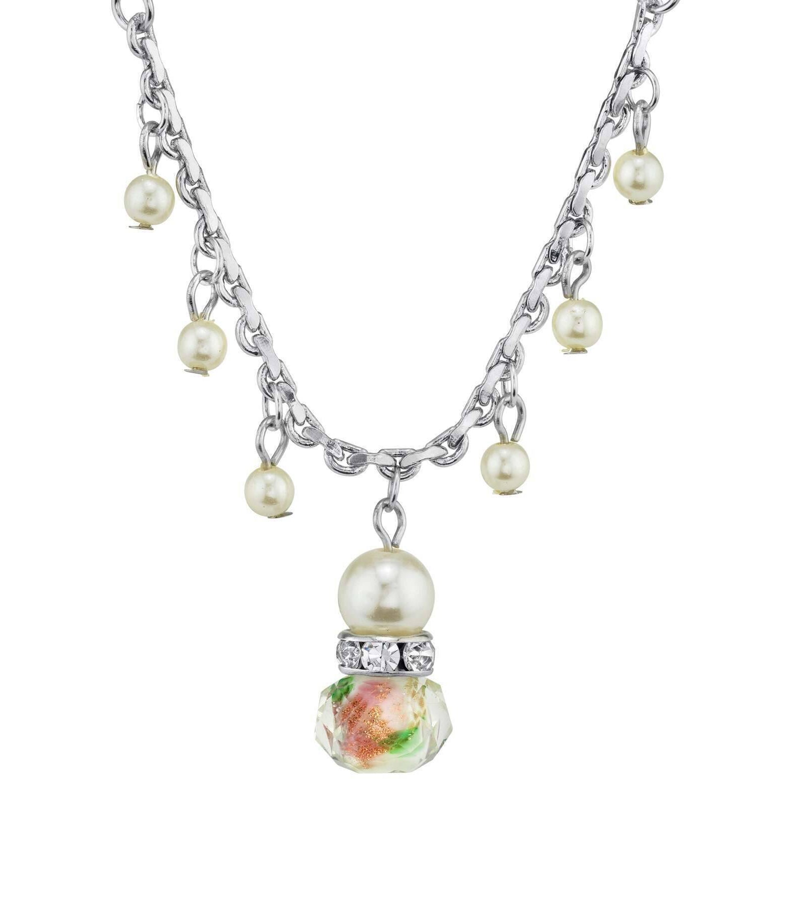 1928 Jewelry Pink Flower Beaded Drop Pendant Necklace 16" + 3" Extender