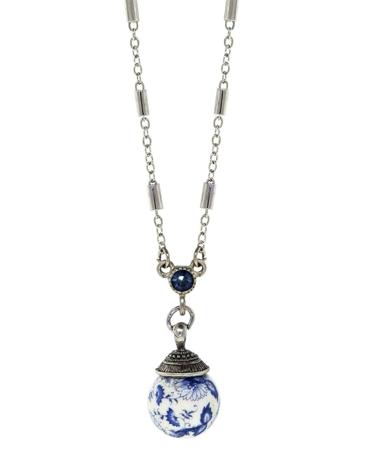 1928 Jewelry Blue Willow Round Beaded Crystal Accent Drop Pendant Necklace 16" + 3" Extender