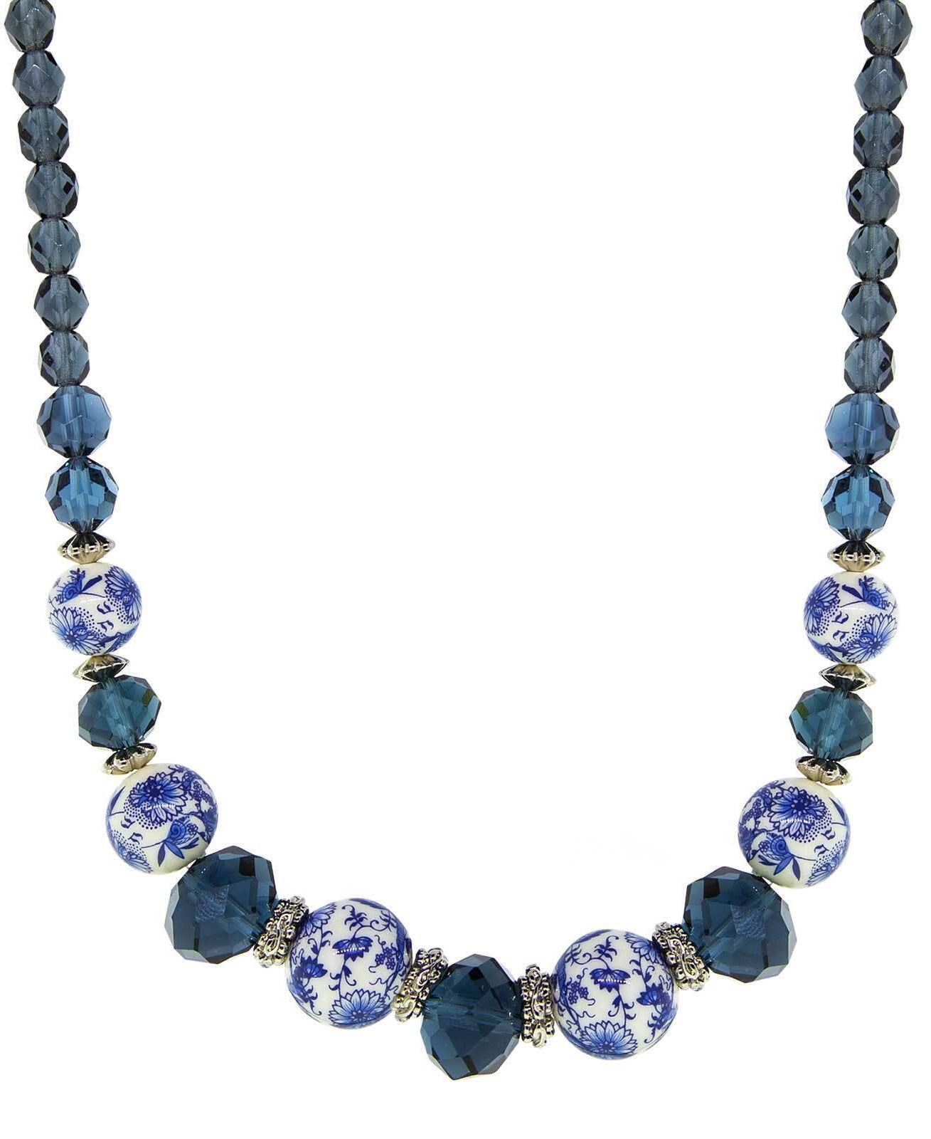 1928 Jewelry Blue Willow Dark Blue And Beaded Necklace 15.5" + 3" Extension