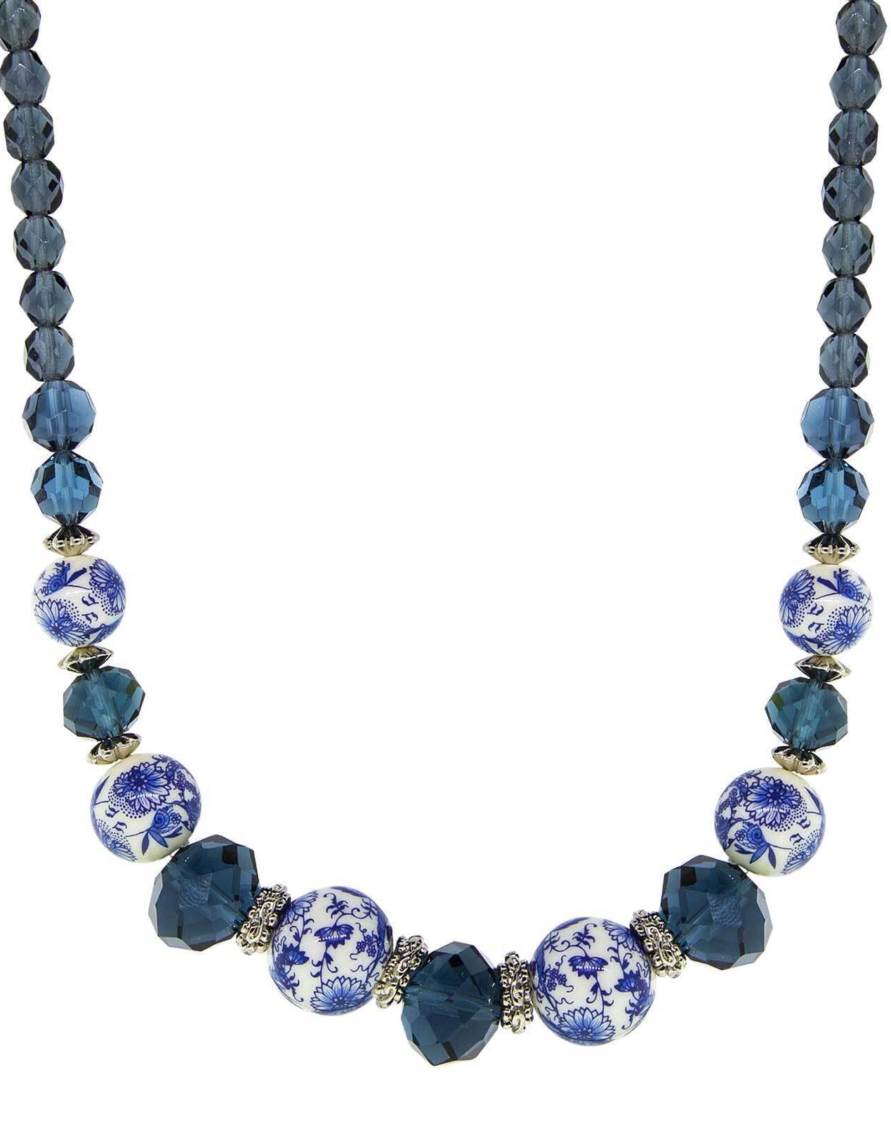 1928 Jewelry Blue Willow Dark Blue And Beaded Necklace 15.5" + 3" Extension