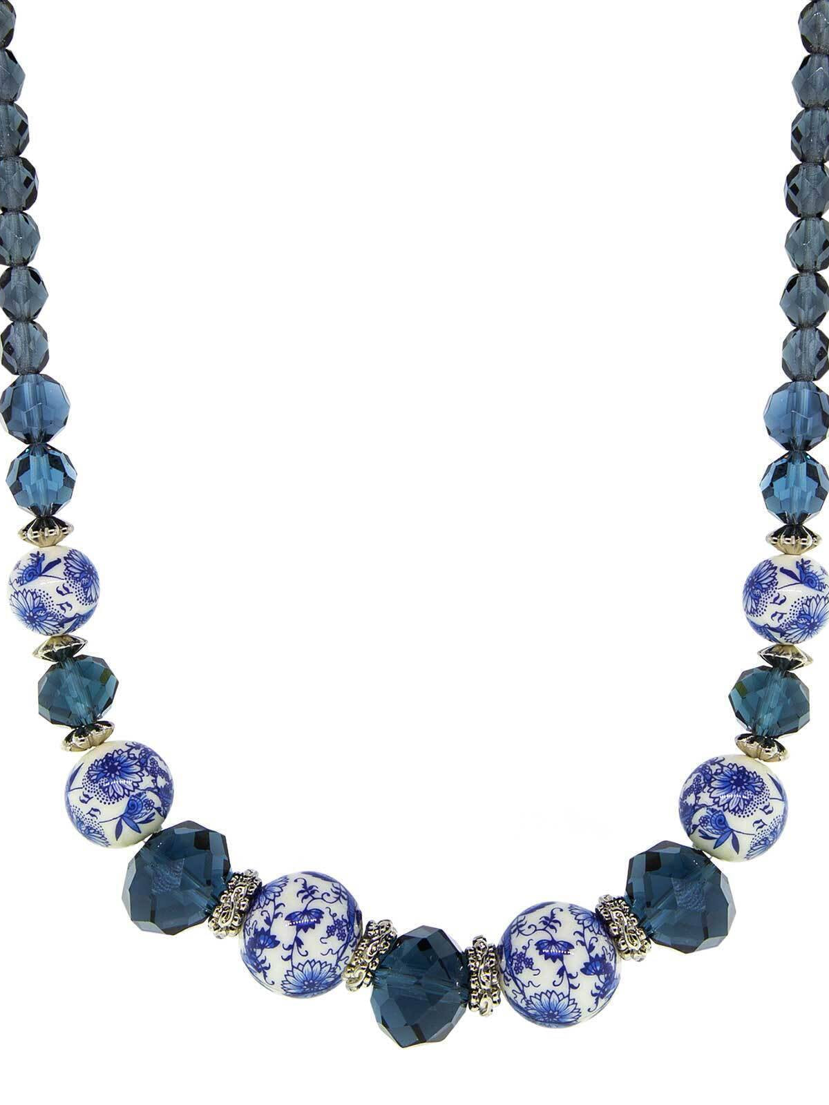 1928 Jewelry Blue Willow Dark Blue And Beaded Necklace 15.5" + 3" Extension
