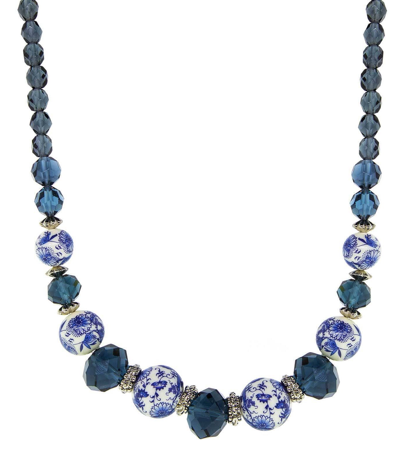 1928 Jewelry Blue Willow Dark Blue And Beaded Necklace 15.5" + 3" Extension