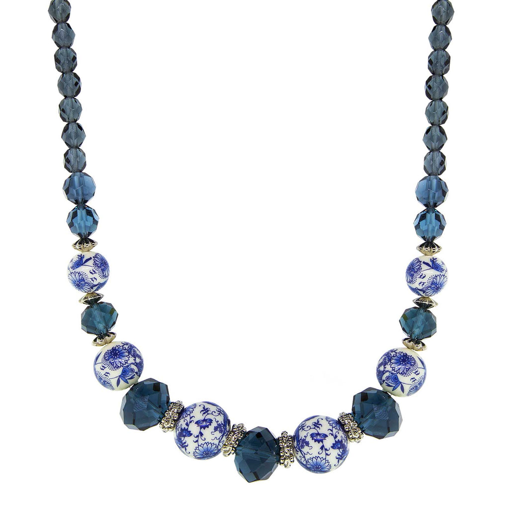 Silver Tone Dark Blue And Blue Willow Beaded Necklace 16   19 Inch Adjustable