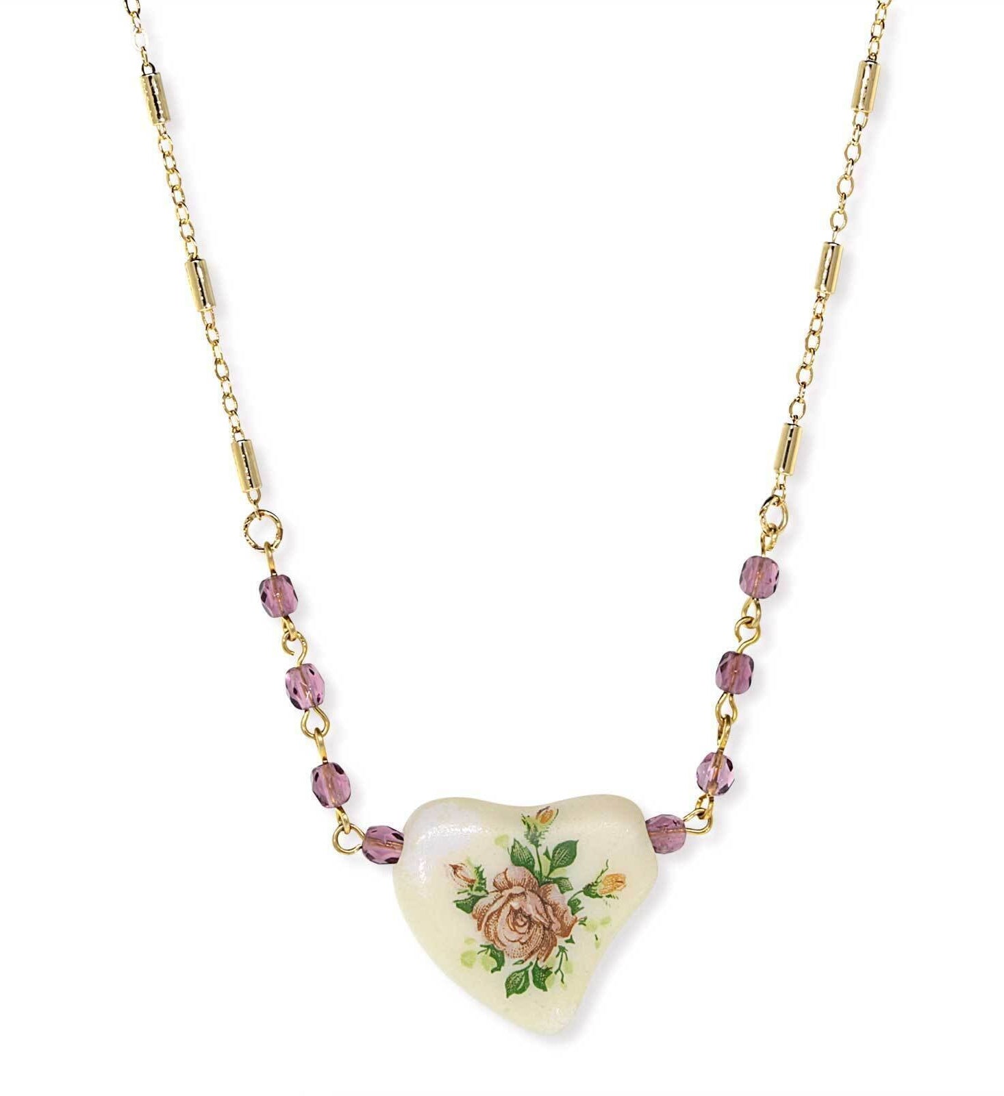 1928 Jewelry Purple Beaded White Heart With Pink Floral Decal Necklace 16" + 3" Extender