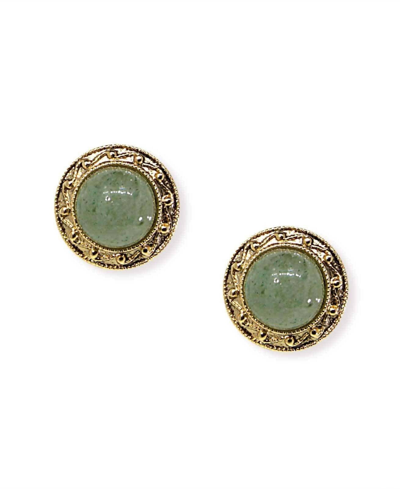 1928 Jewelry Round Green Aventurine Gemstone Button Earrings