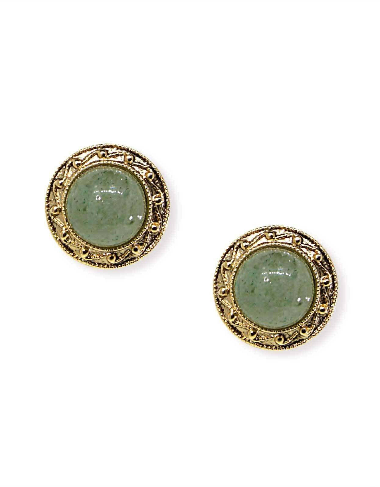 1928 Jewelry Round Green Aventurine Gemstone Button Earrings