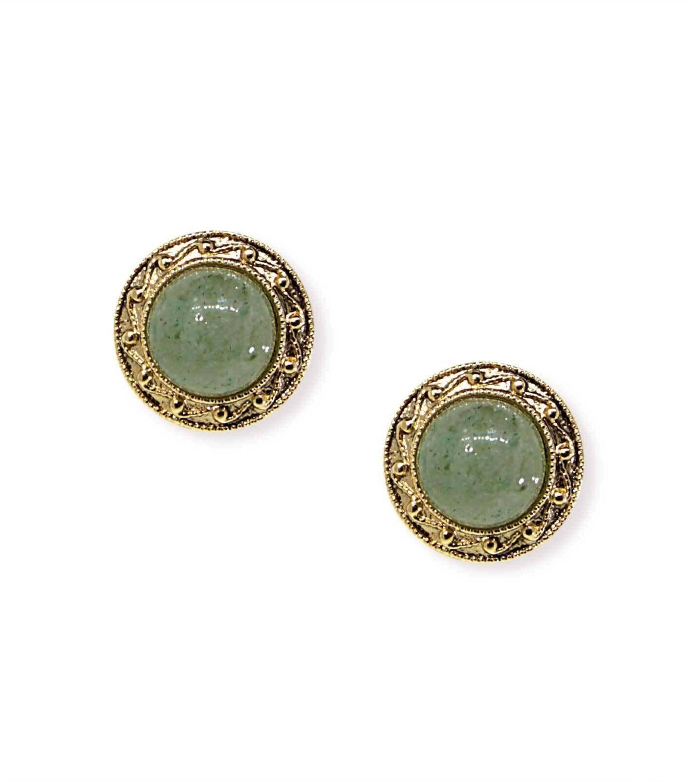 1928 Jewelry Round Green Aventurine Gemstone Button Earrings