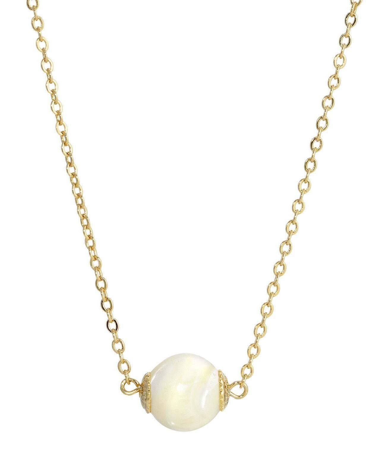 1928 Jewelry Minimalist Mother of Pearl Shell Bead Drop Necklace 15" + 3" Extender