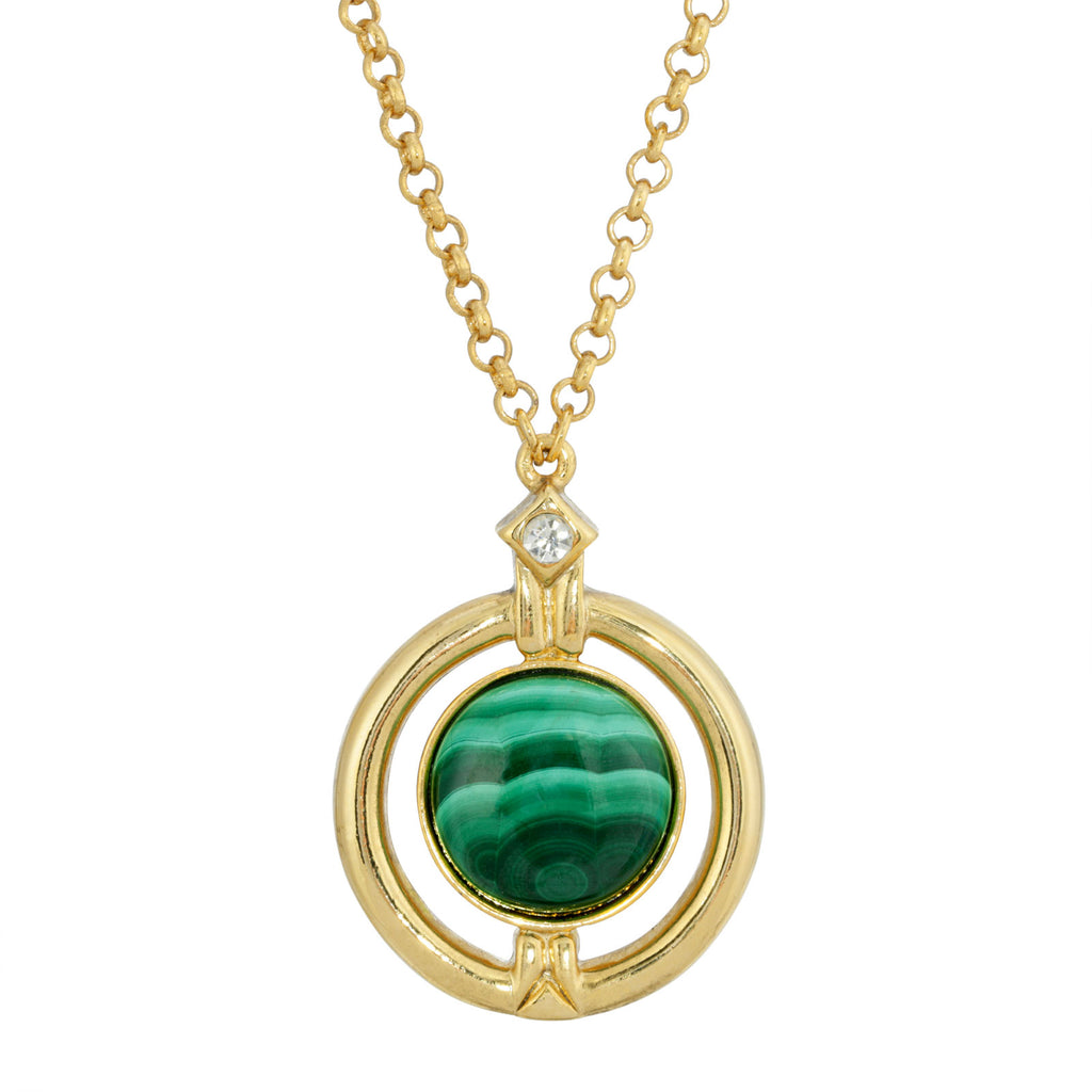 Malachite Round Semi Precious Stone And Crystal Pendant Necklace 20   23 Inch Adjustable