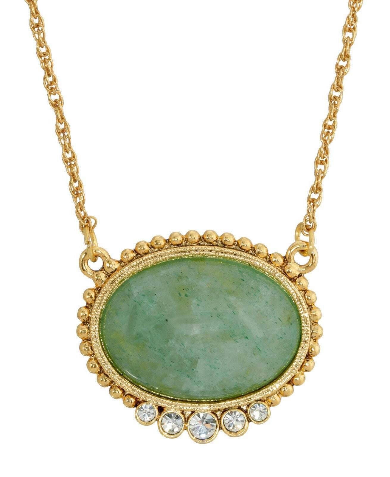 1928 Jewelry Oval Gemstone With Crystals Pendant Necklace 16"