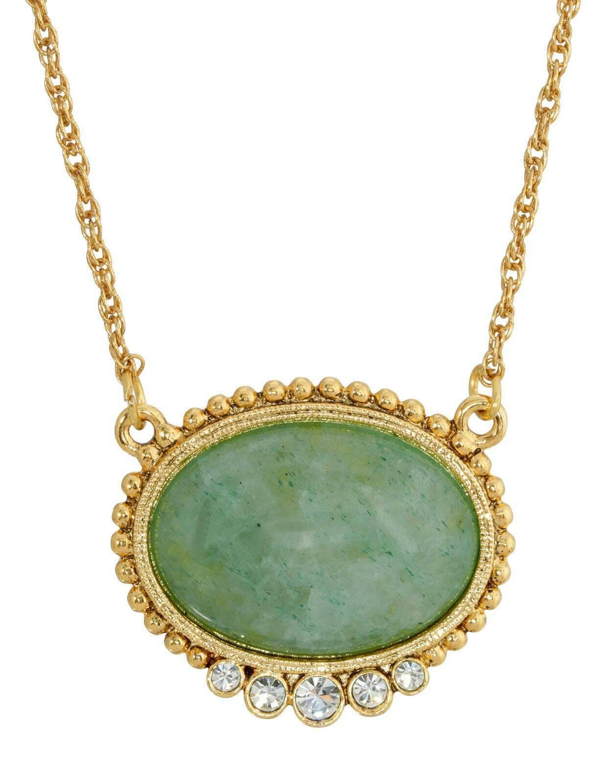 1928 Jewelry Oval Gemstone With Crystals Pendant Necklace 16"