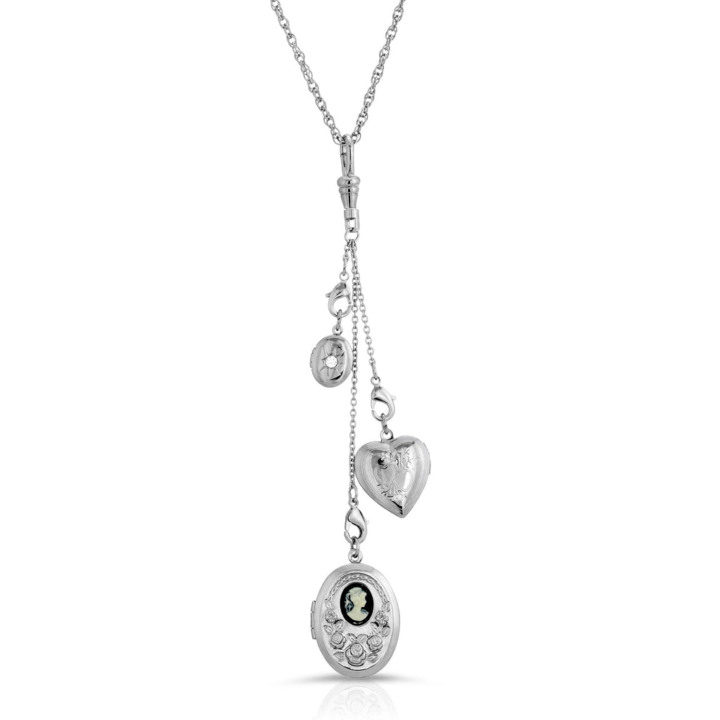 Multi Charm Heart & Oval Black Cameo Locket Necklace 30"