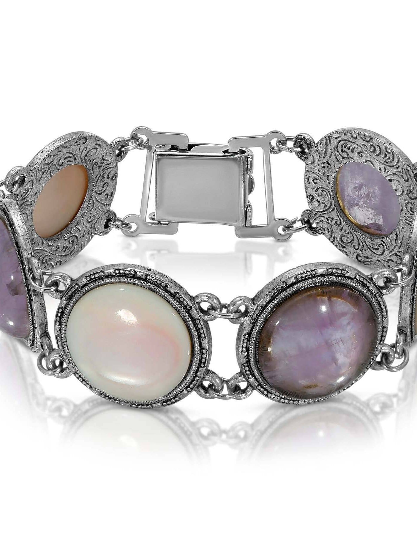 1928 Jewelry Round Genuine Purple Amethyst Gemstone Link Bracelet