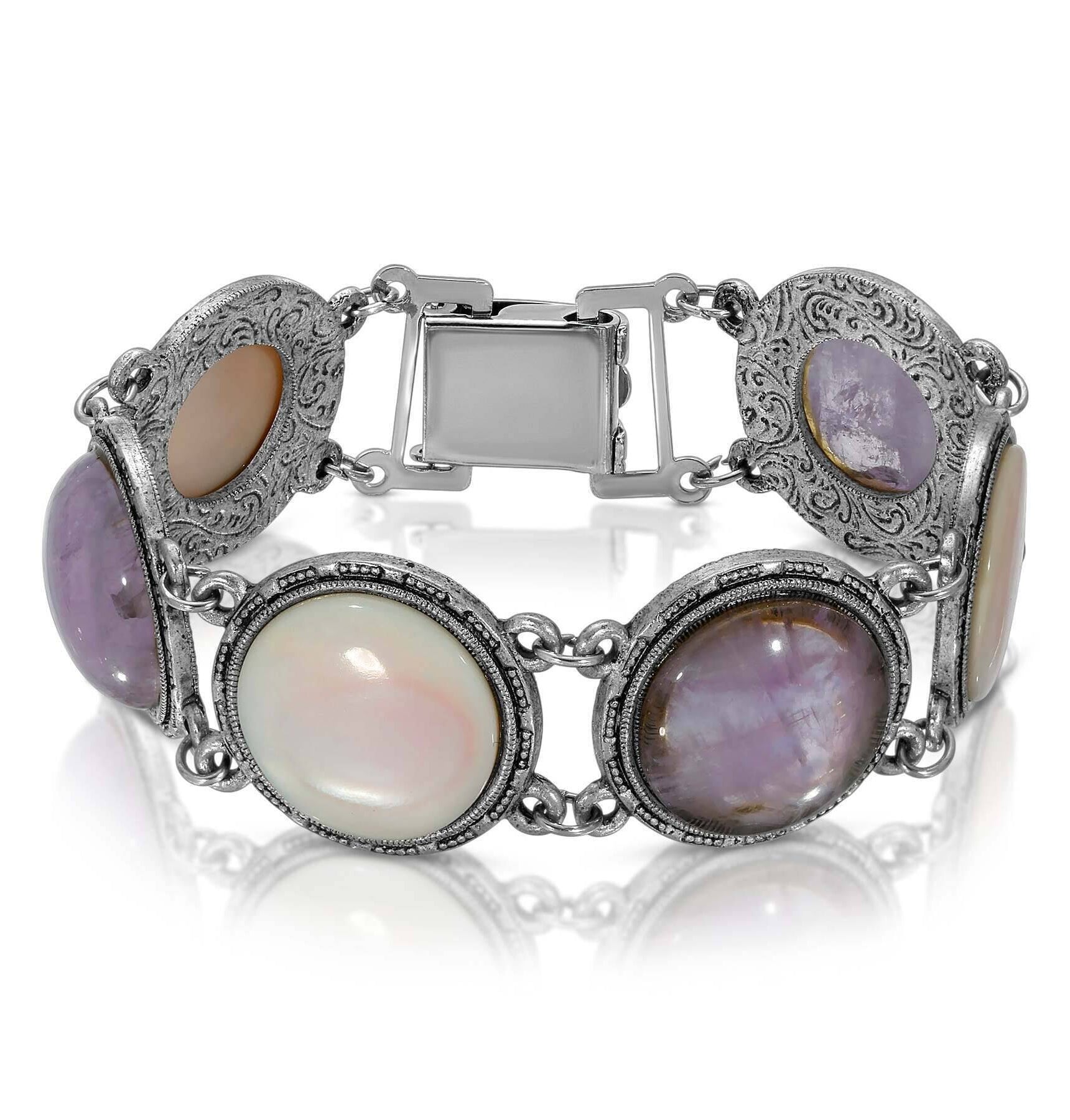 1928 Jewelry Round Genuine Purple Amethyst Gemstone Link Bracelet