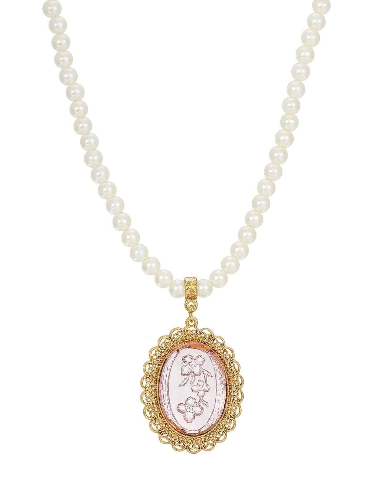 1928 Jewelry Glass Engraved Flowers 5mm Faux Pearl Strand Pendant Necklace, 15" + 3" Extender