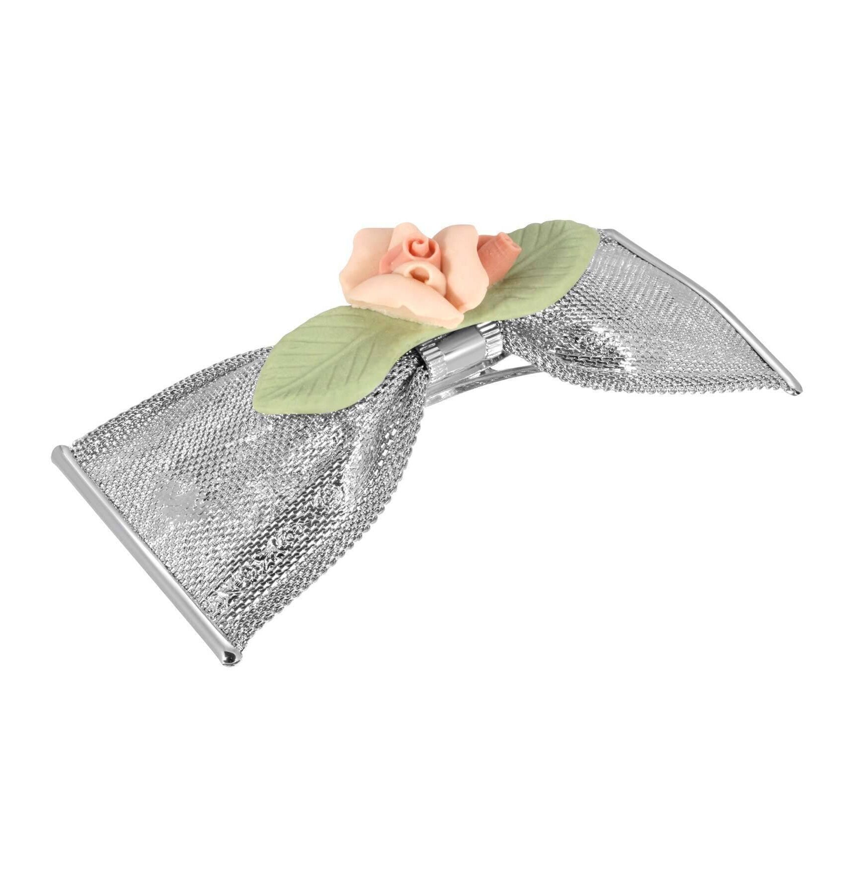 1928 Jewelry Pink And Green Porcelain Flower Mesh Bow Hair Barrette