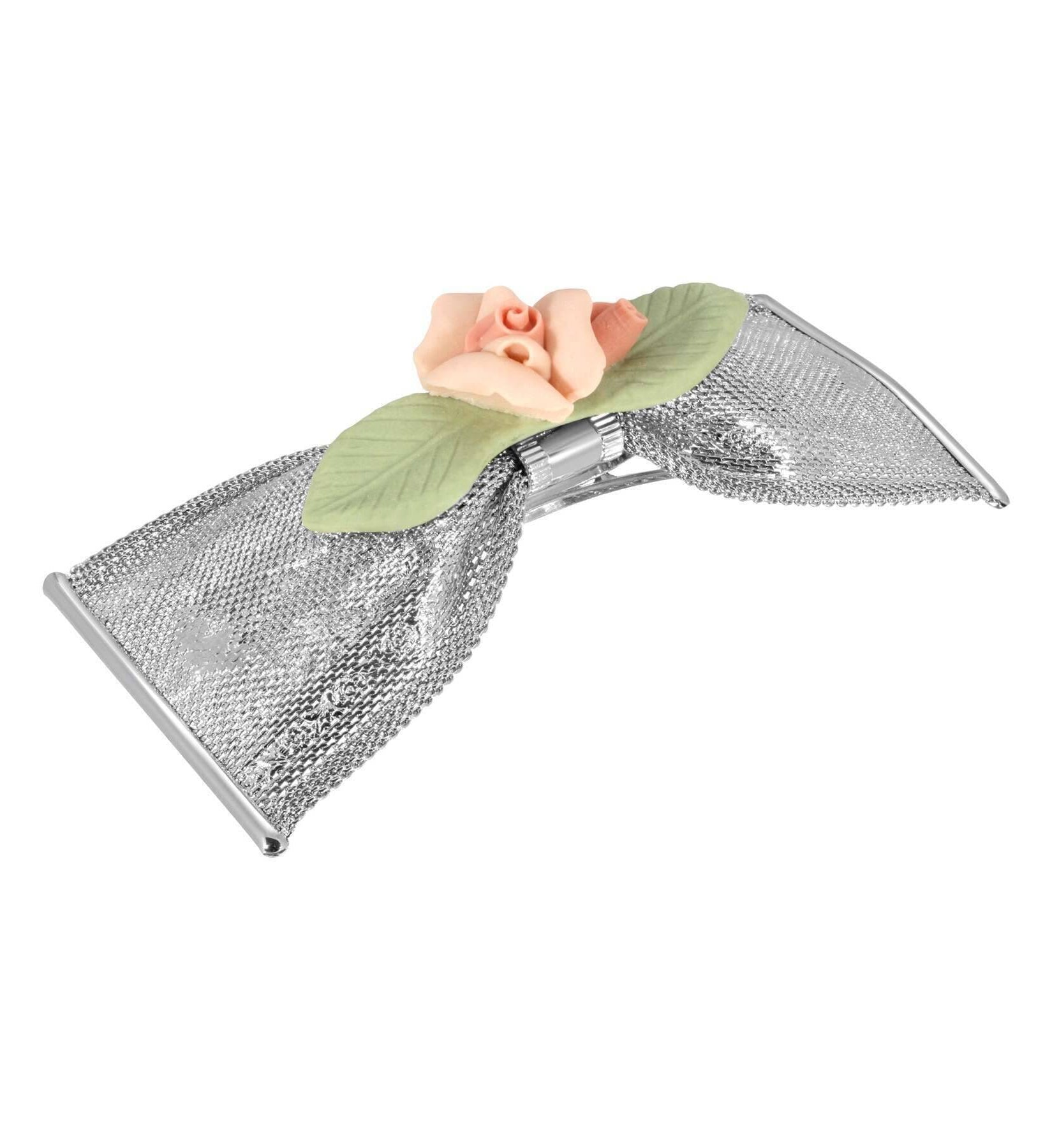 1928 Jewelry Pink And Green Porcelain Flower Mesh Bow Hair Barrette