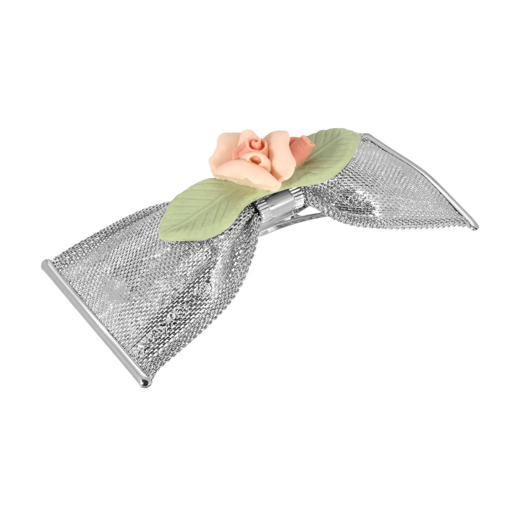 1928 Jewelry Pink And Green Porcelain Flower Mesh Bow Hair Barrette