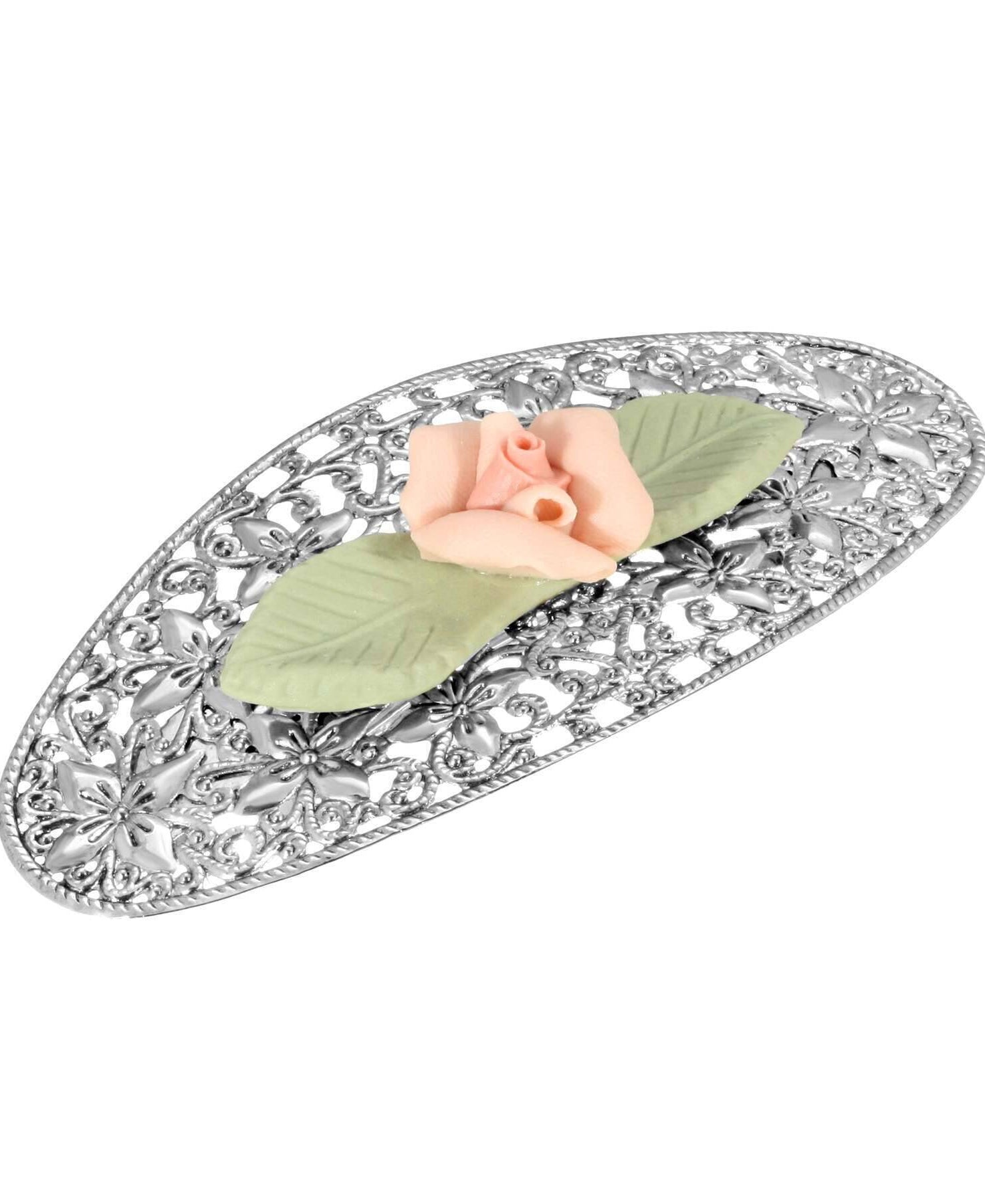 1928 Jewelry Pink Porcelain Flower With Green Leaf Hair Barrette