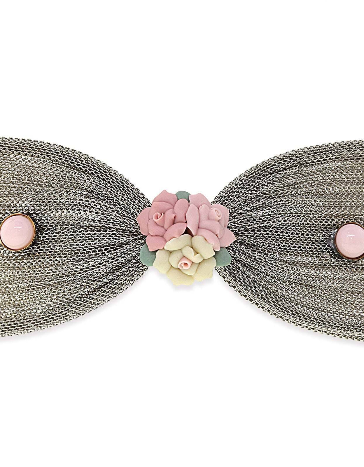 1928 Jewelry Pink Porcelain Flower Mesh Bow Hair Barrette