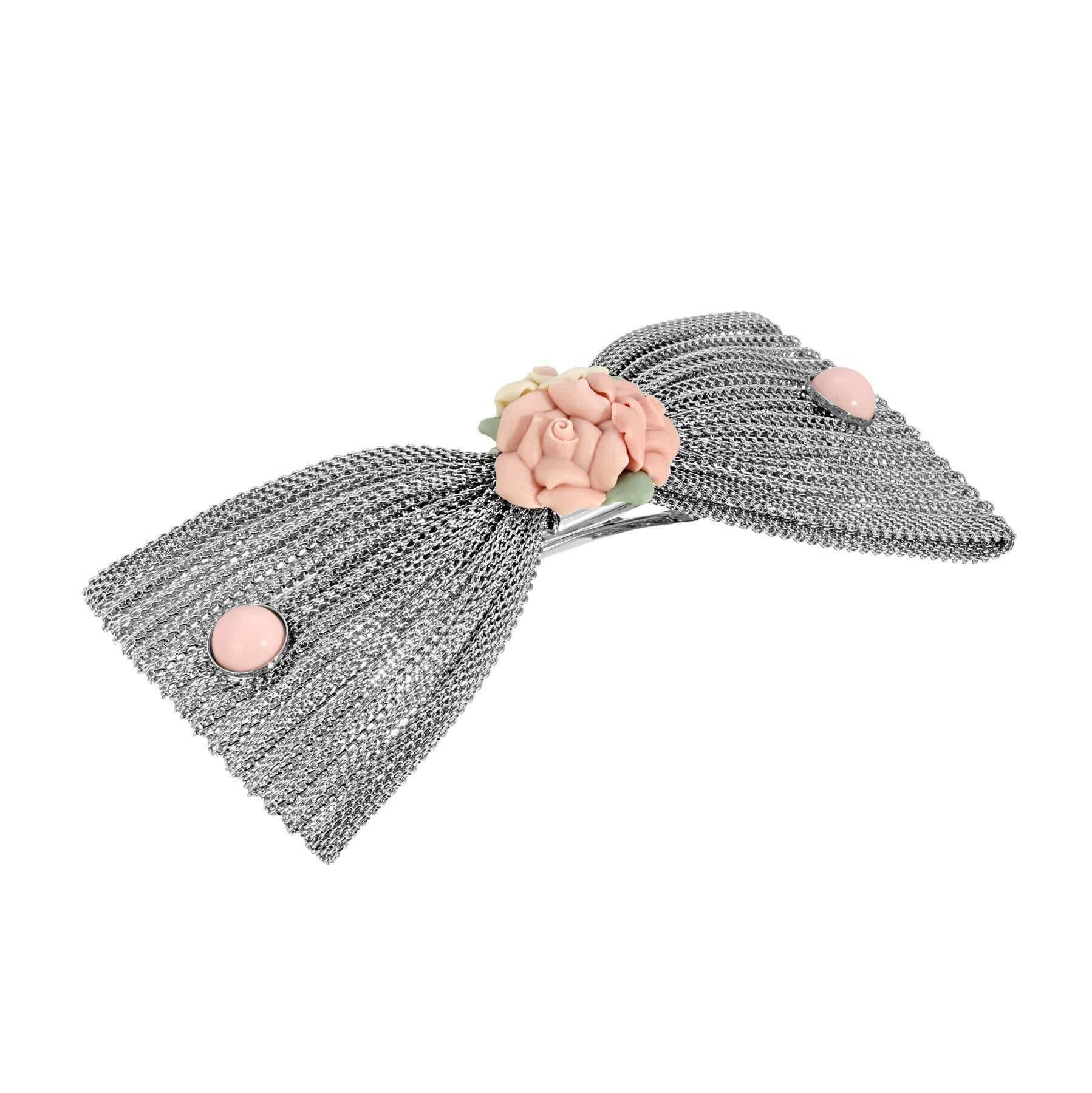 1928 Jewelry Pink Porcelain Flower Mesh Bow Hair Barrette