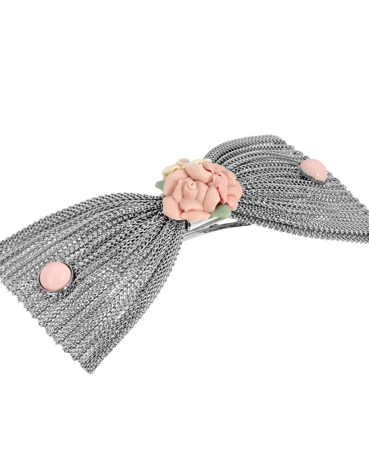 1928 Jewelry Pink Porcelain Flower Mesh Bow Hair Barrette