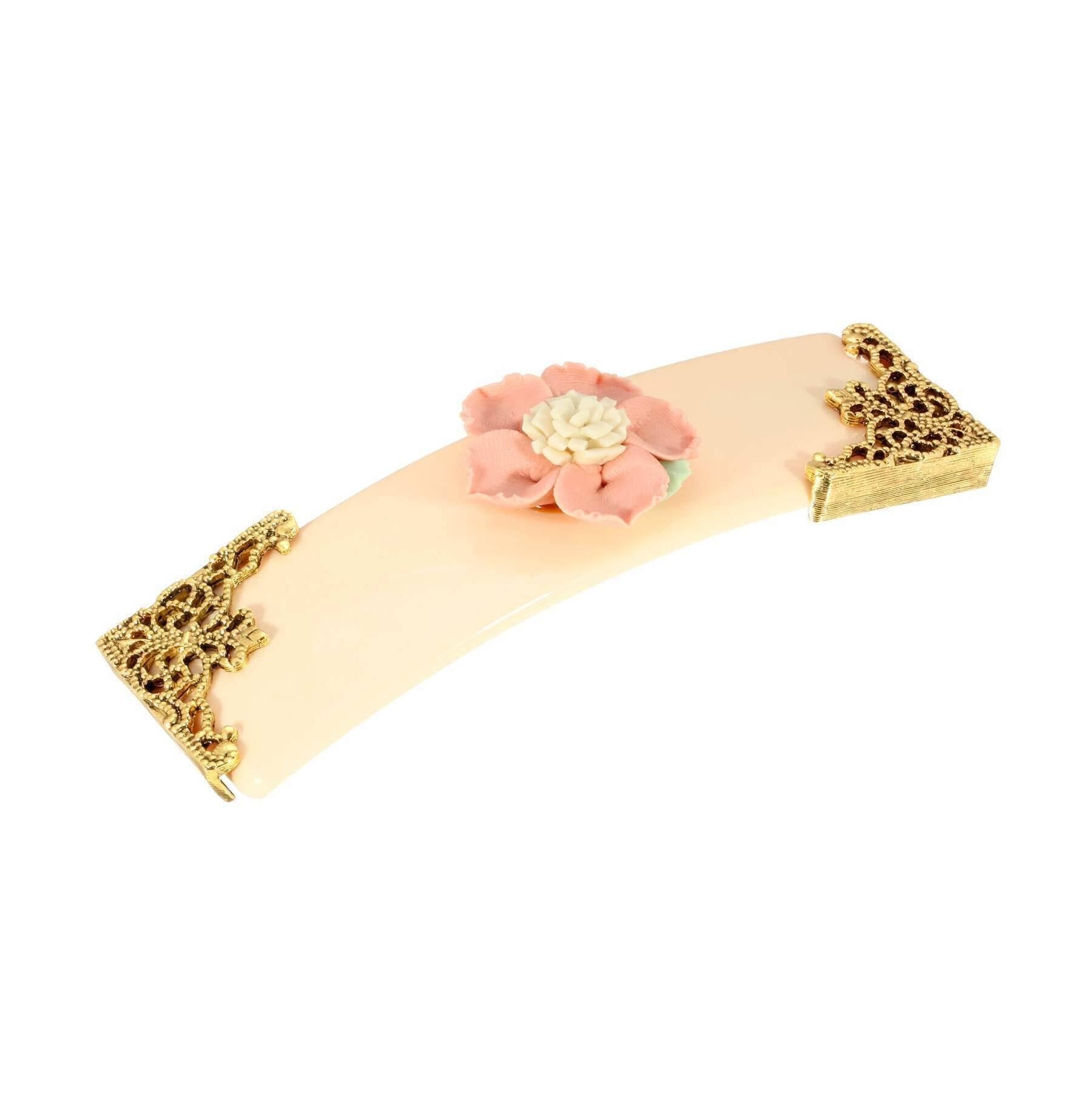 1928 Jewelry Ivory With Pink & White Porcelain Flower Hair Barrette
