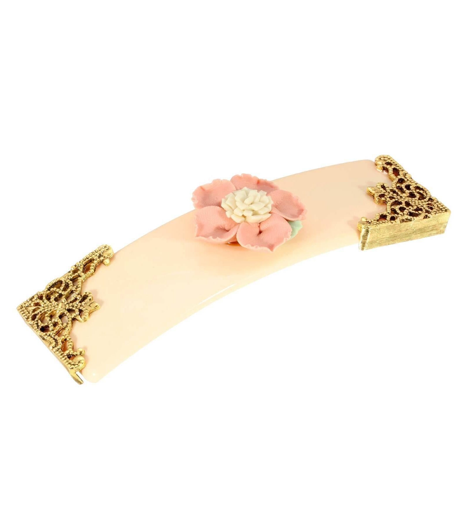 1928 Jewelry Ivory With Pink & White Porcelain Flower Hair Barrette