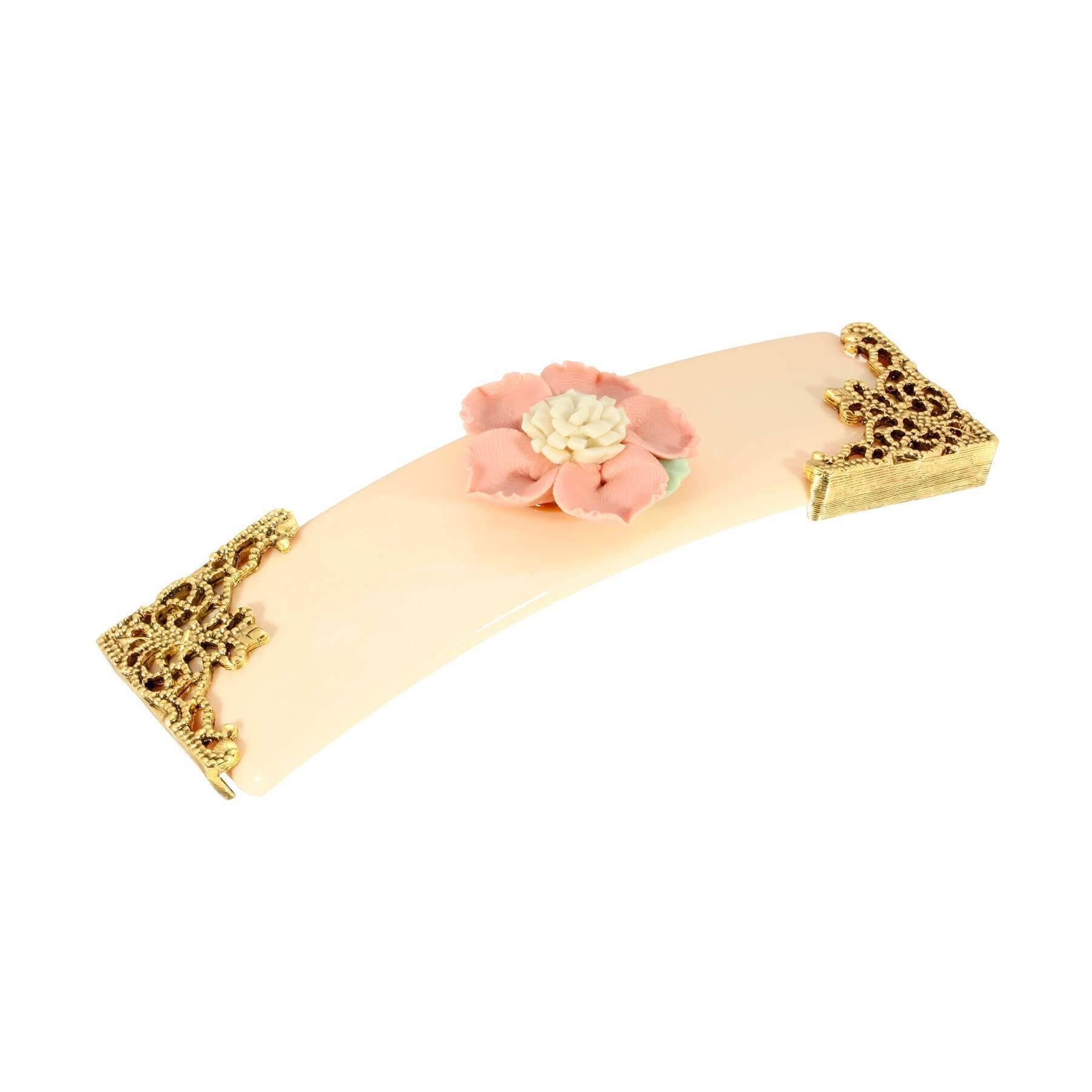 1928 Jewelry Ivory With Pink & White Porcelain Flower Hair Barrette