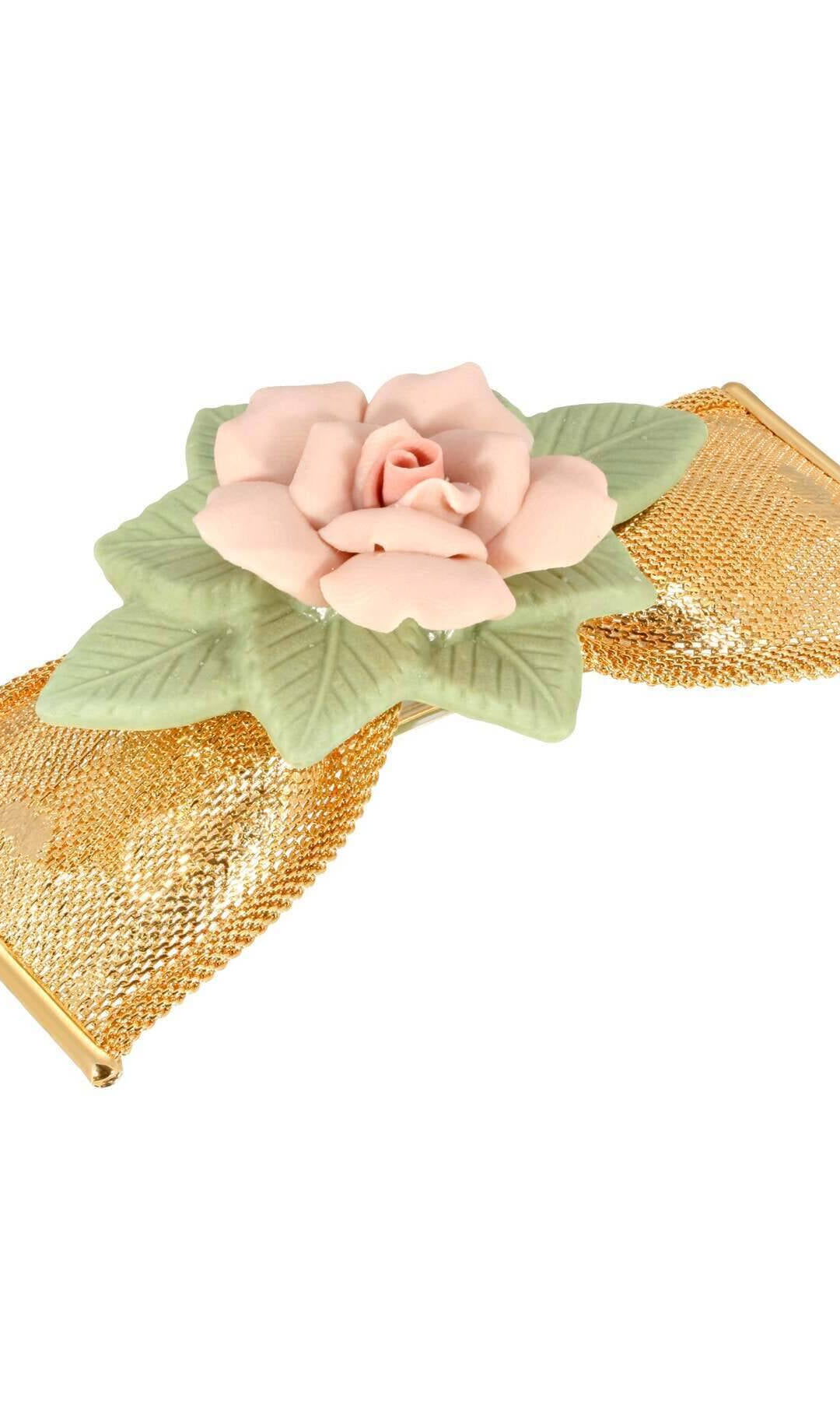 1928 Jewelry Large Pink & Green Porcelain Flower Mesh Bow Hair Barrette