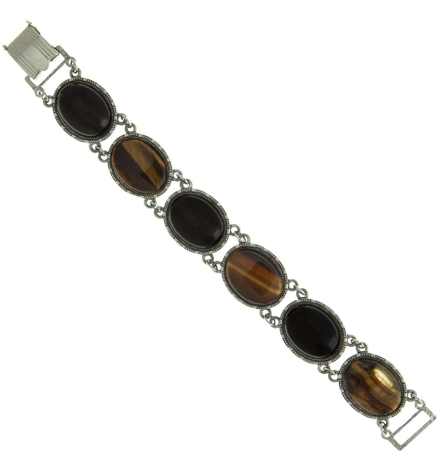 1928 Jewelry Ornate Semi Precious Oval Gemstone Link Bracelet