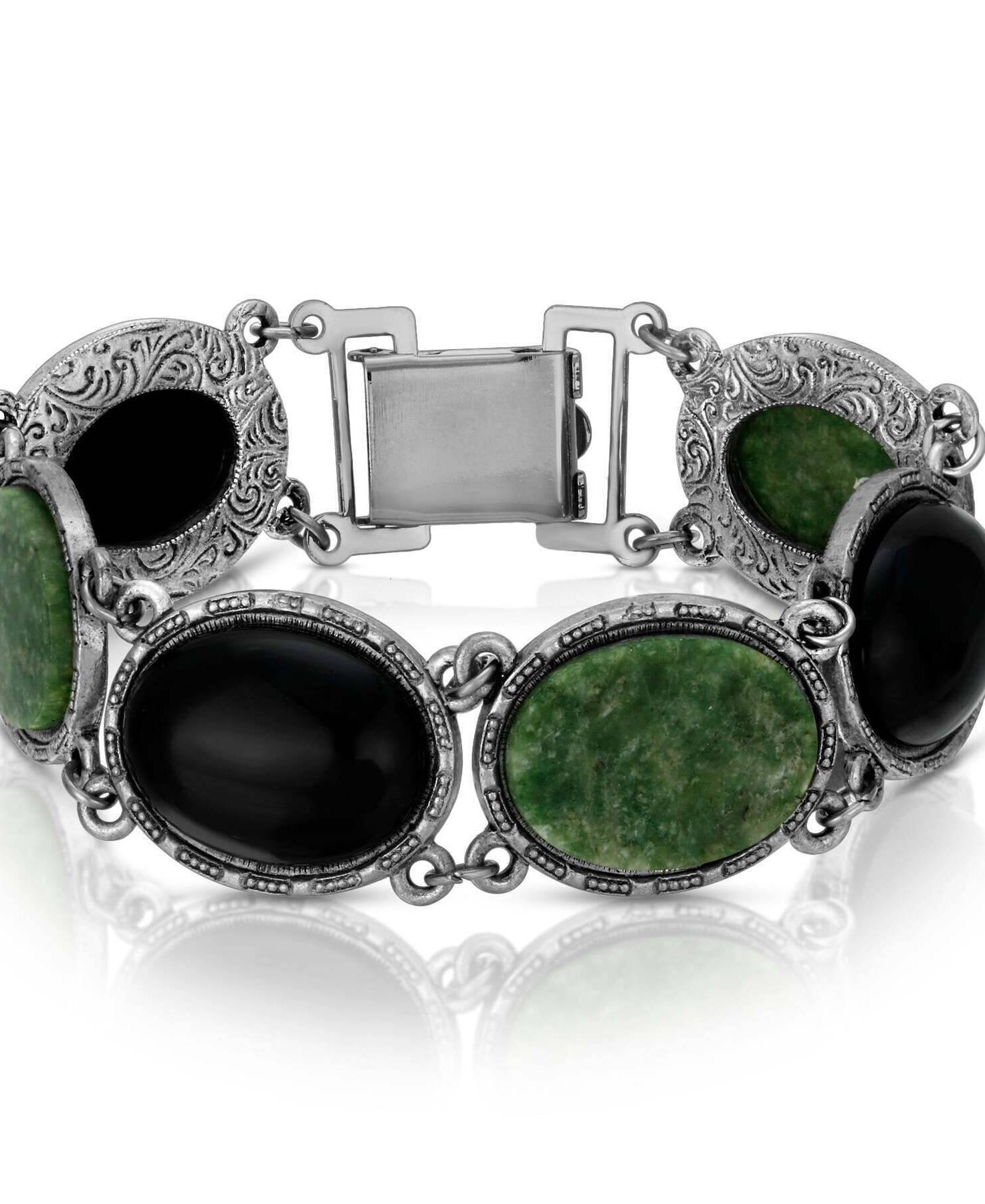 1928 Jewelry Onyx & Jade Semi Precious Link Bracelet