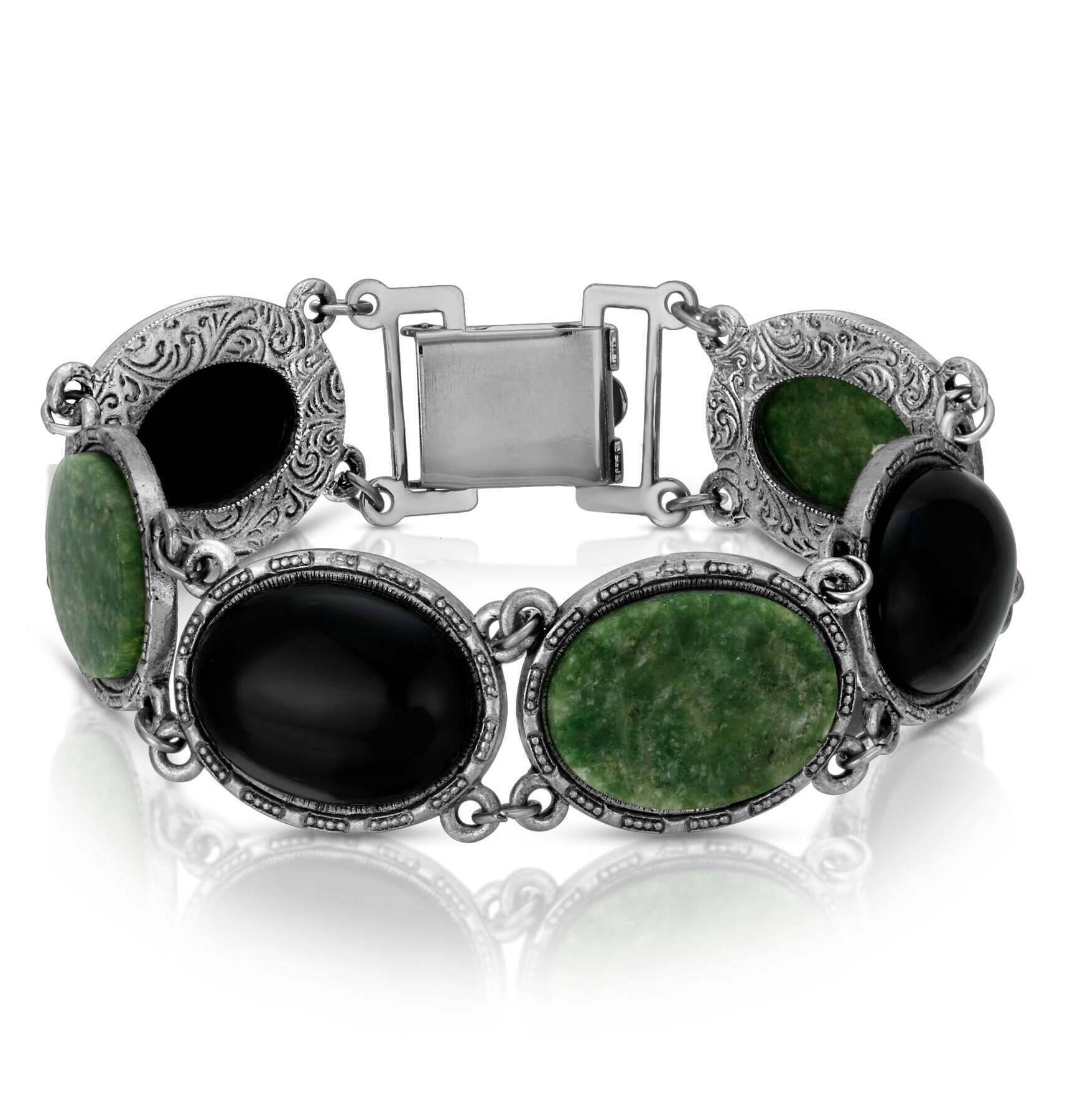 1928 Jewelry Onyx & Jade Semi Precious Link Bracelet