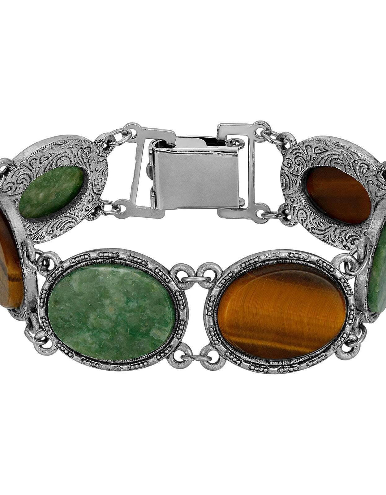 1928 Jewelry Oval Tigers Eye & Jade Gemstone Link Bracelet