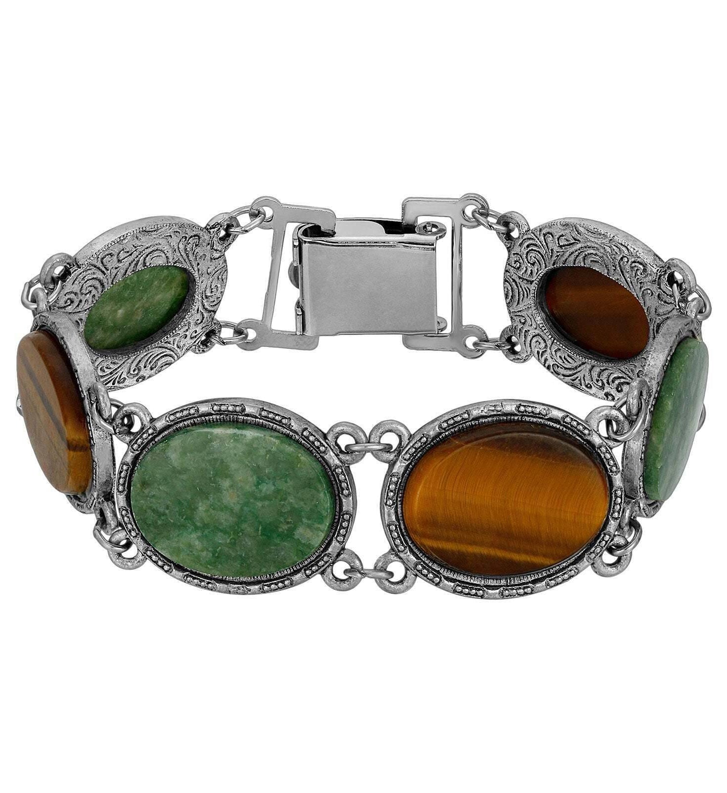 1928 Jewelry Oval Tigers Eye & Jade Gemstone Link Bracelet