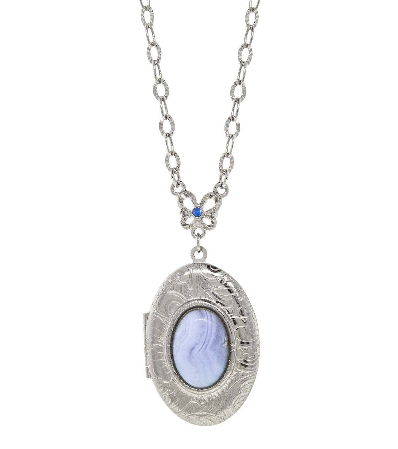 1928 Jewelry Oval Blue Lace Agate Gemstone Locket Necklace 26"